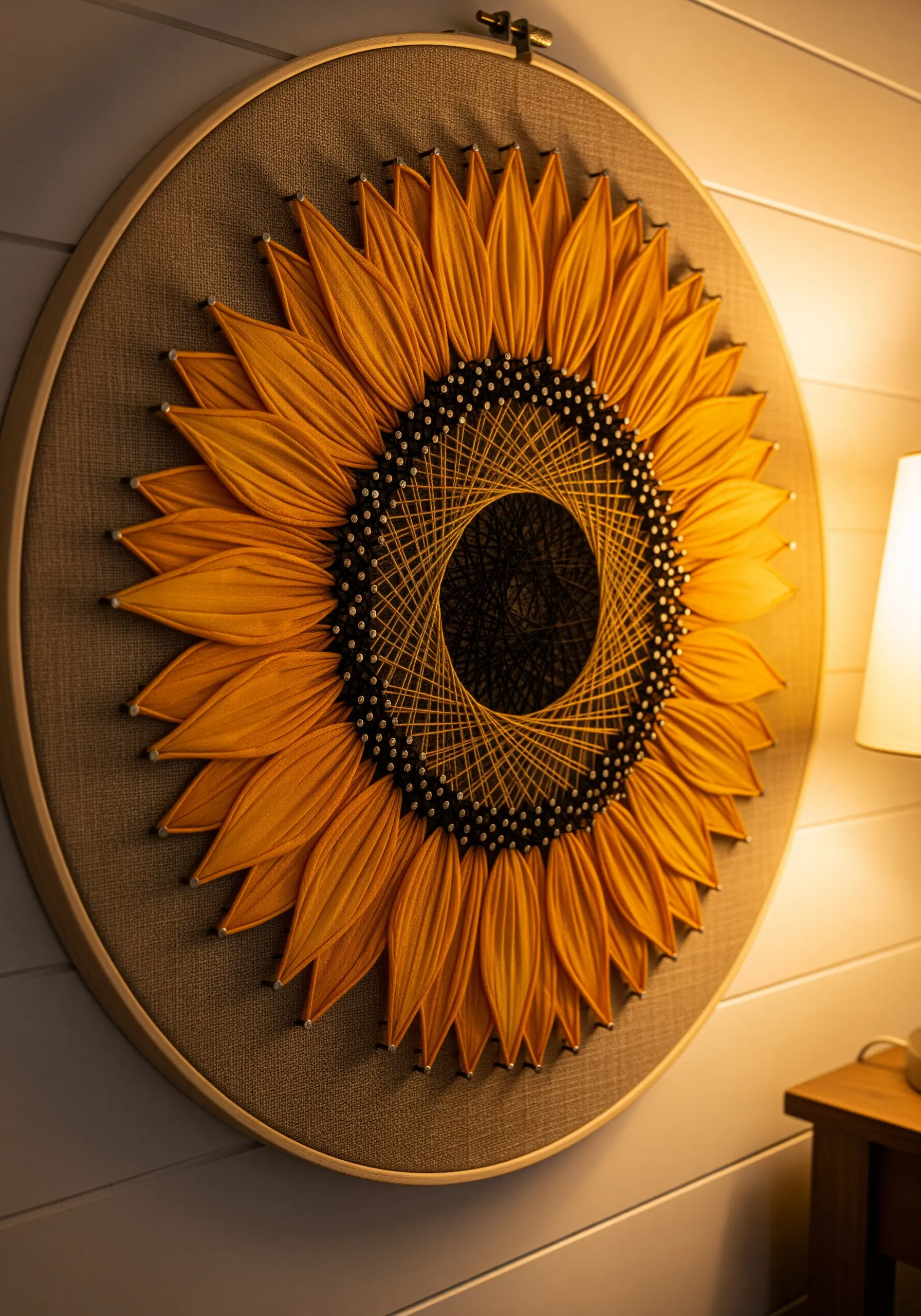 Large string art sunflower with layered yellow and orange threads creating a gradient effect.