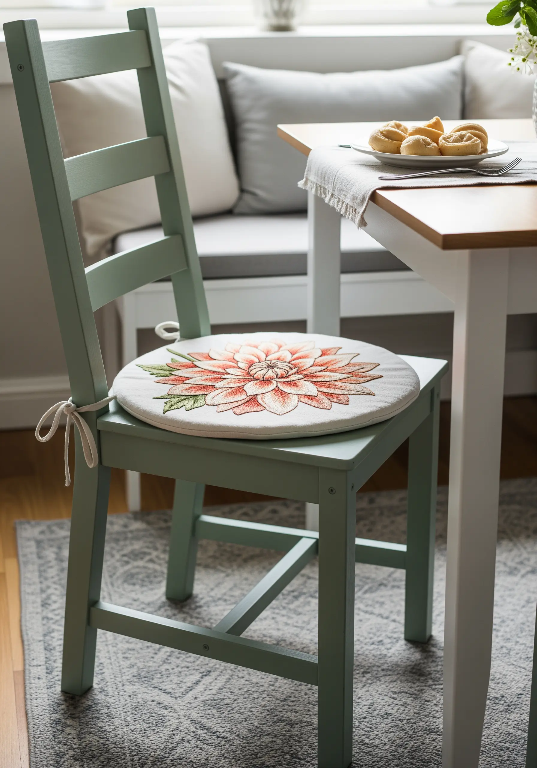 A round seat cushion featuring a large, realistically shaded dahlia embroidered in pinks and corals.