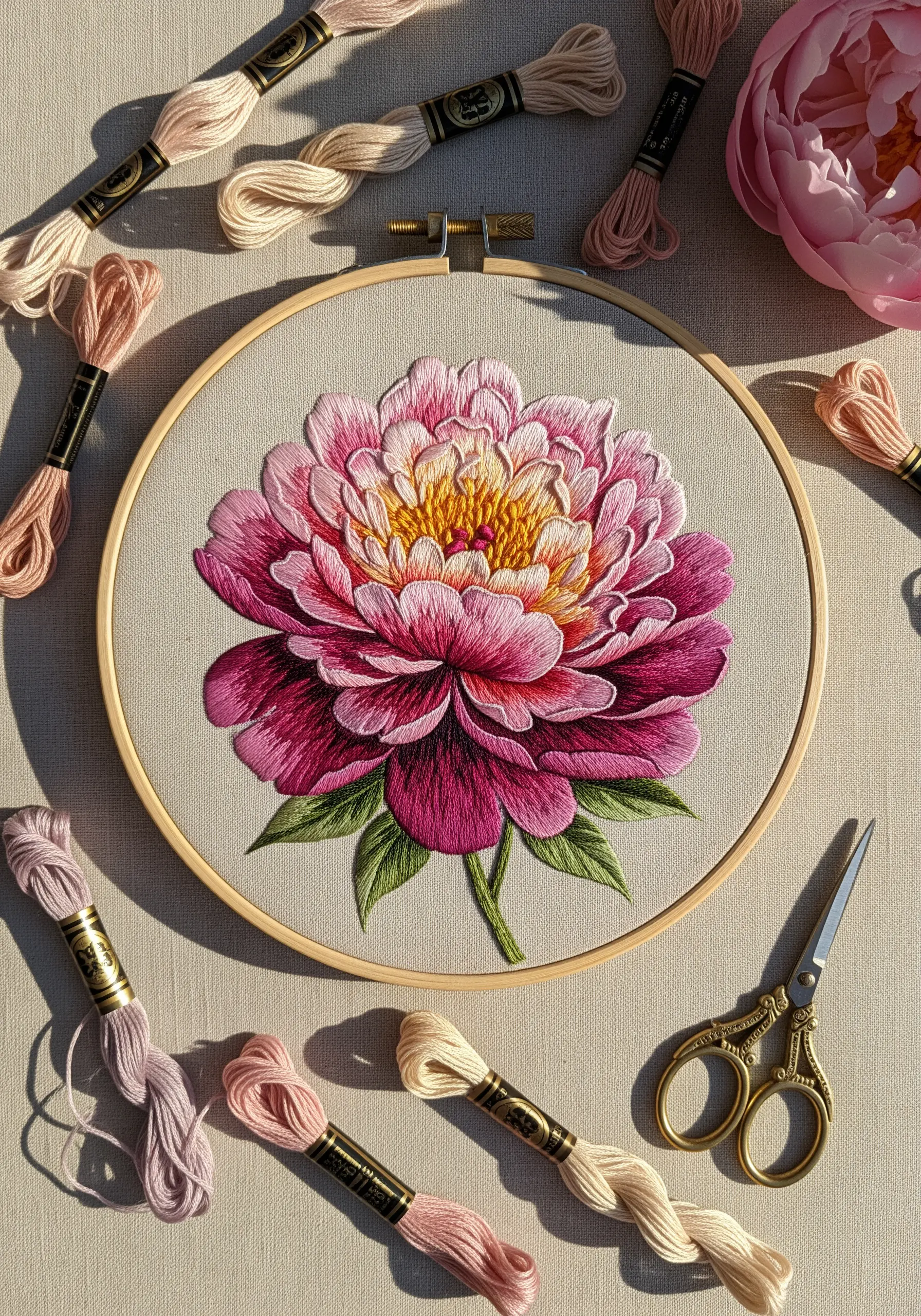 Detailed thread-painted peony with pink, white, and magenta gradient petals in a wooden hoop.