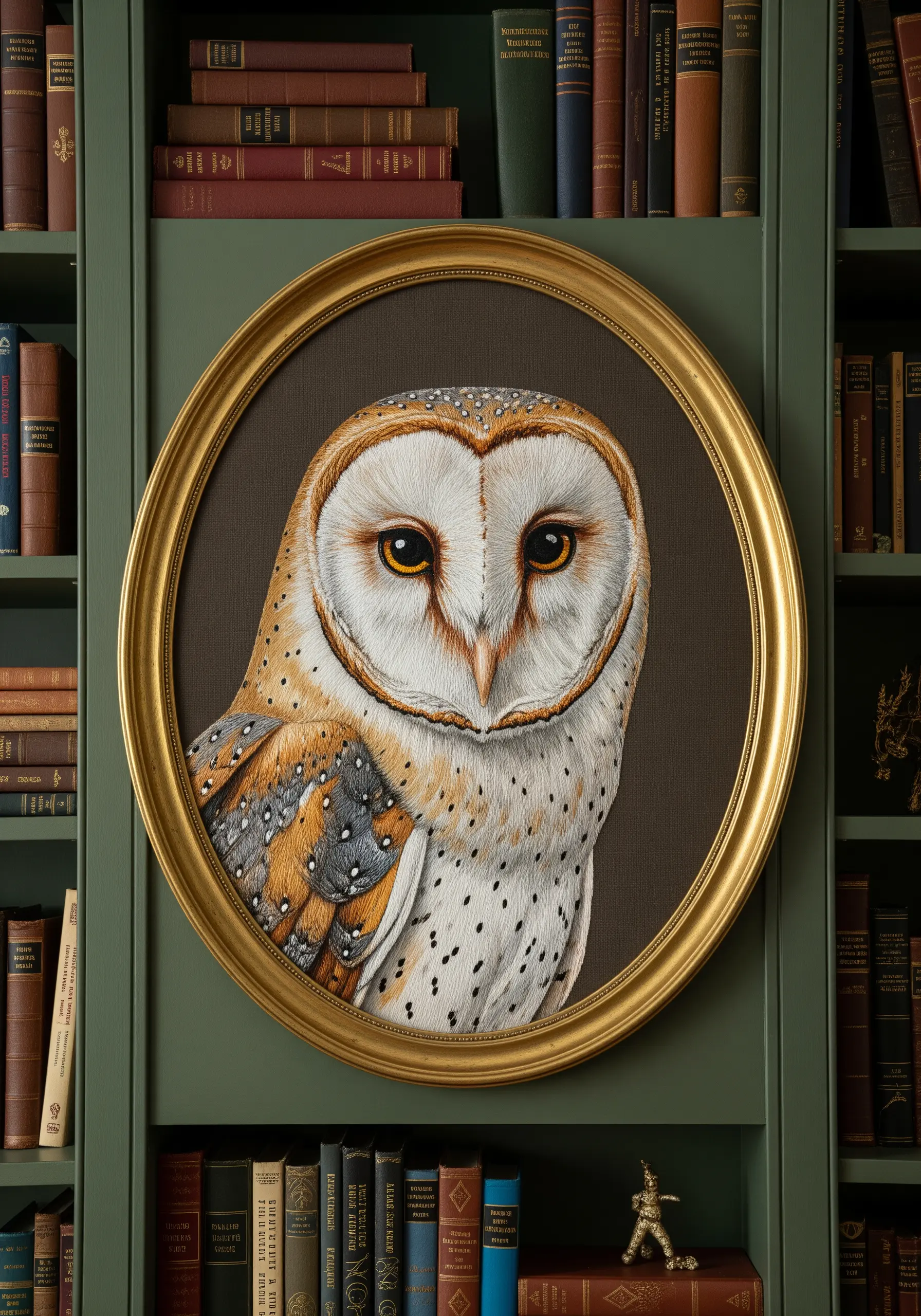 A photorealistic thread-painted portrait of a barn owl in an ornate gold frame.