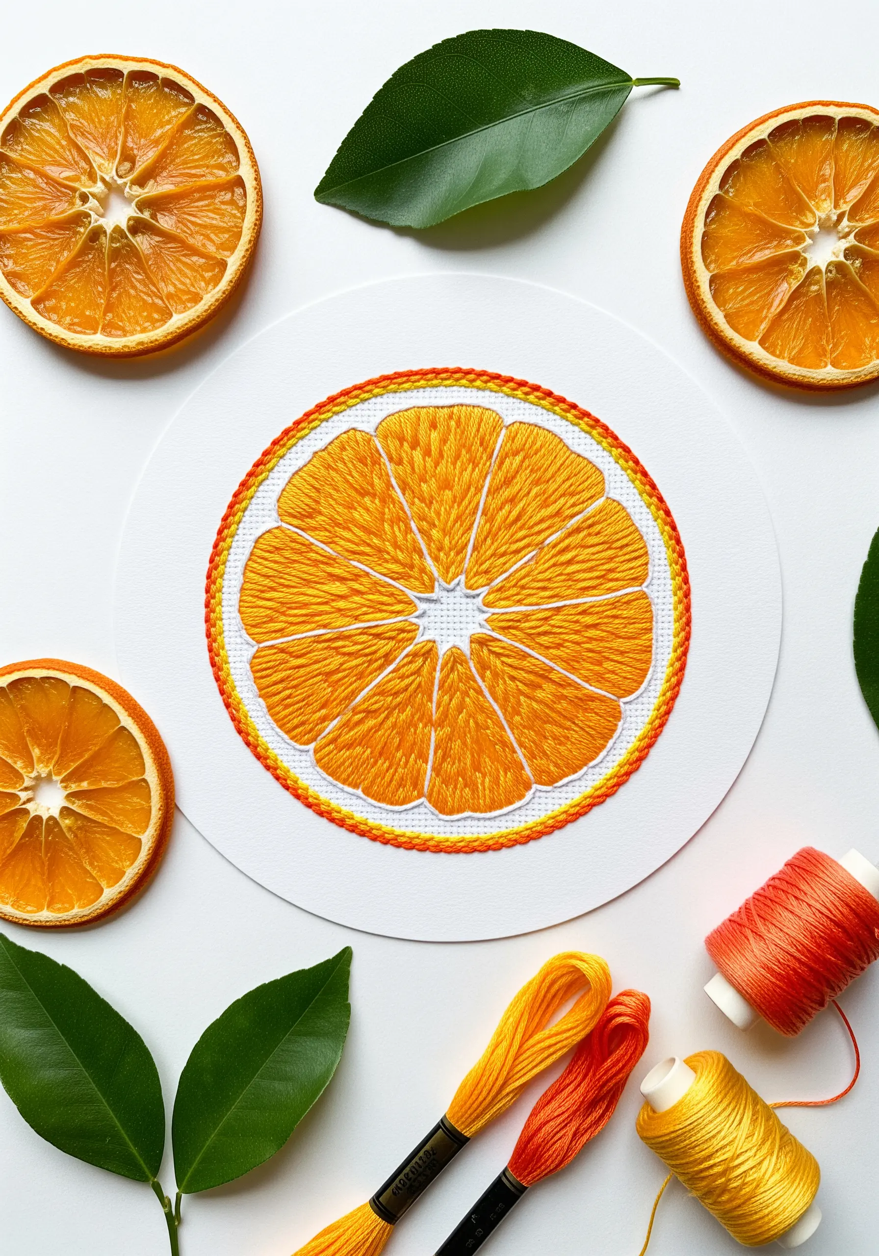A vibrant embroidered orange slice with segments filled in with directional satin stitch.