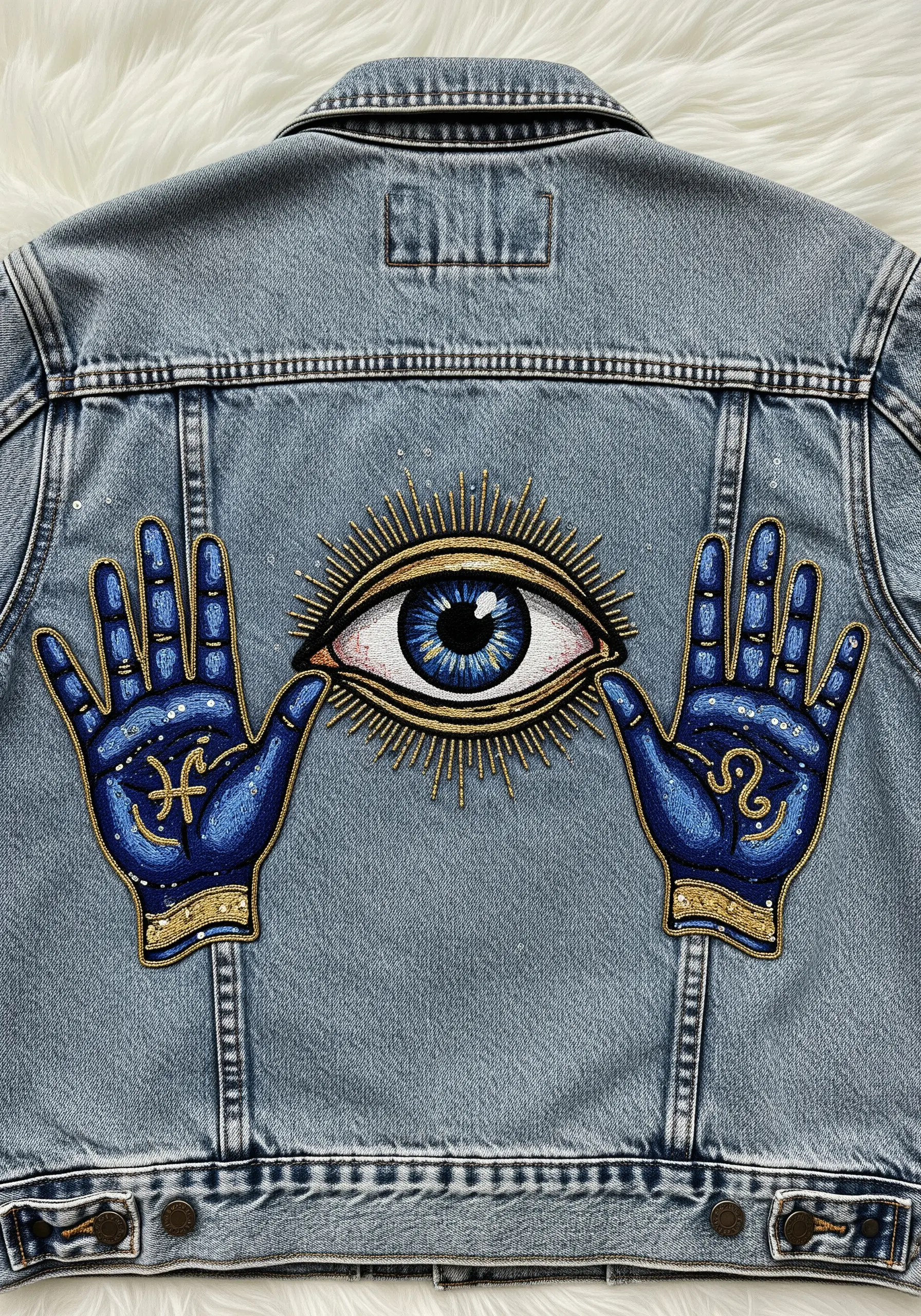 Embroidered mystic eye and hands with metallic and beaded details on the back of a denim jacket.