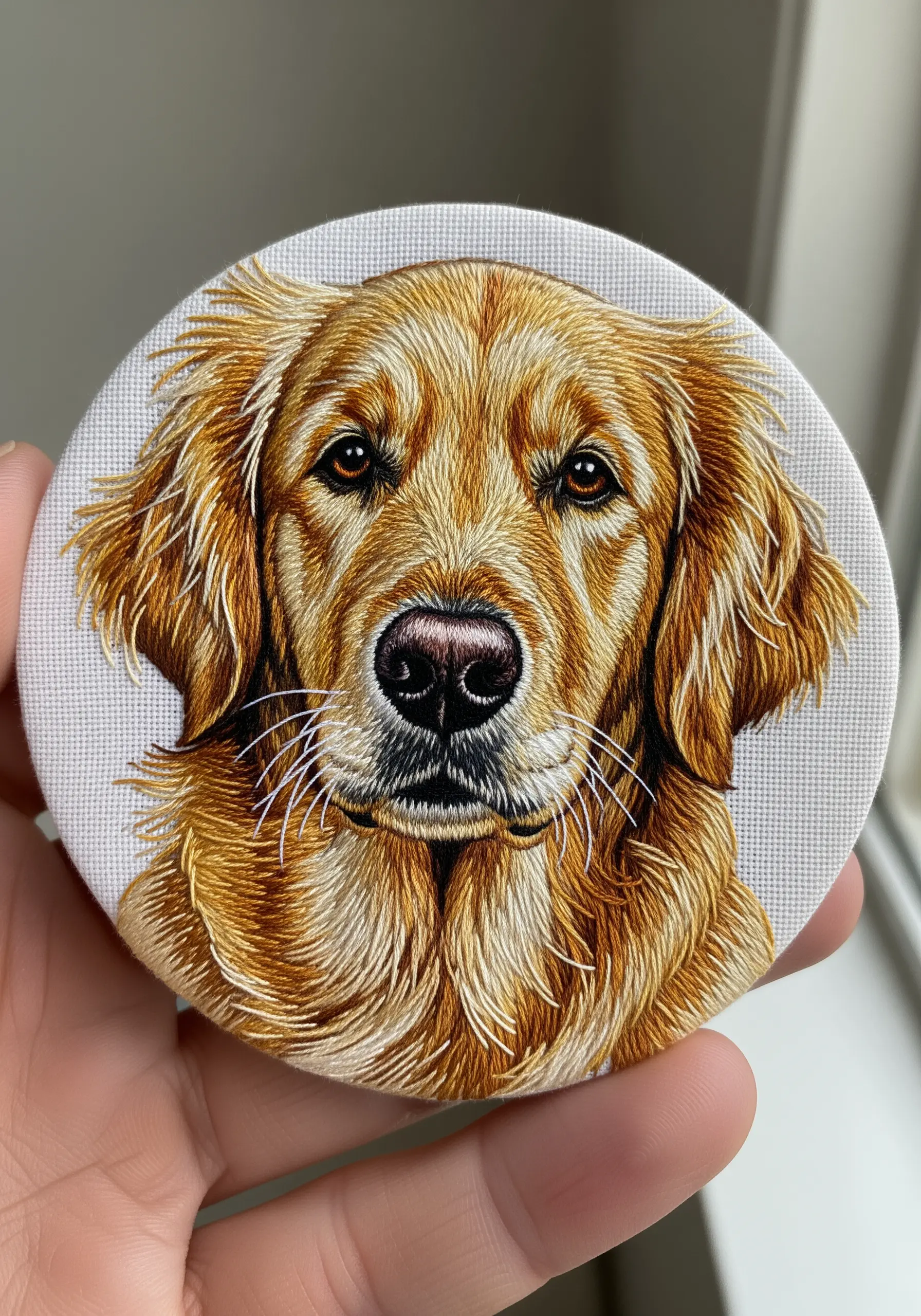A hyper-realistic embroidered portrait of a golden retriever, showcasing detailed thread painting.