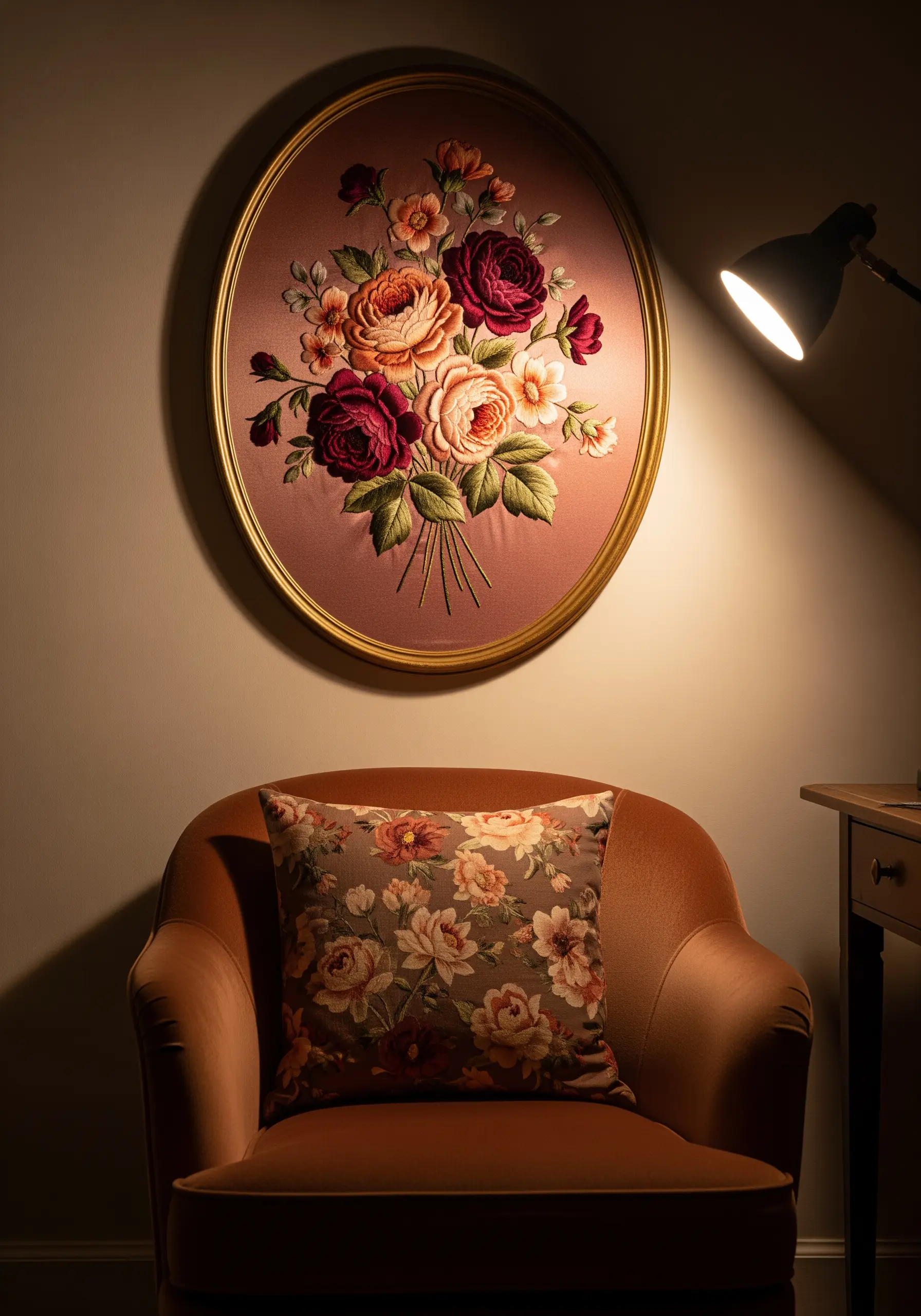 An oval-framed floral bouquet with realistic thread painting in shades of pink and red.