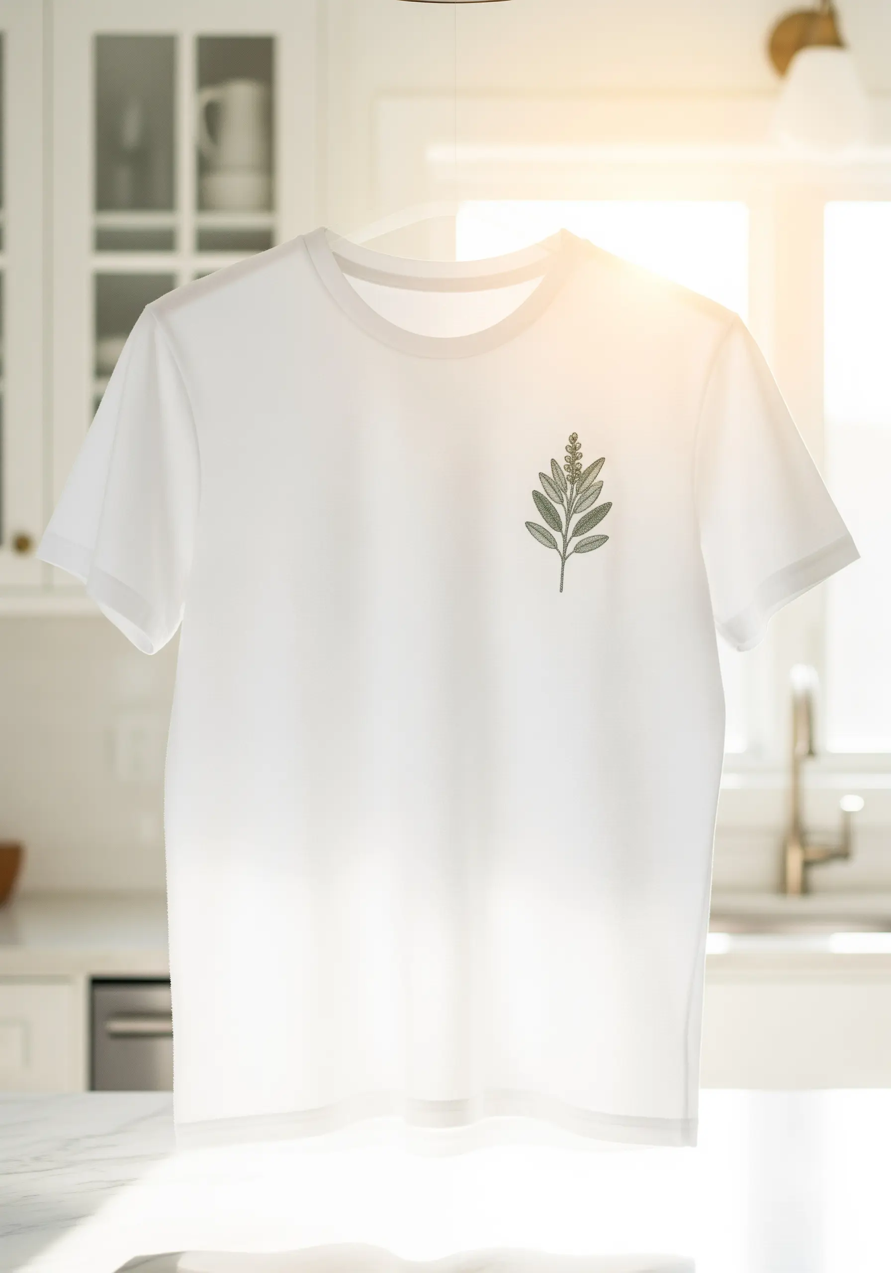 A single olive branch embroidered in sage green on the chest of a t-shirt.