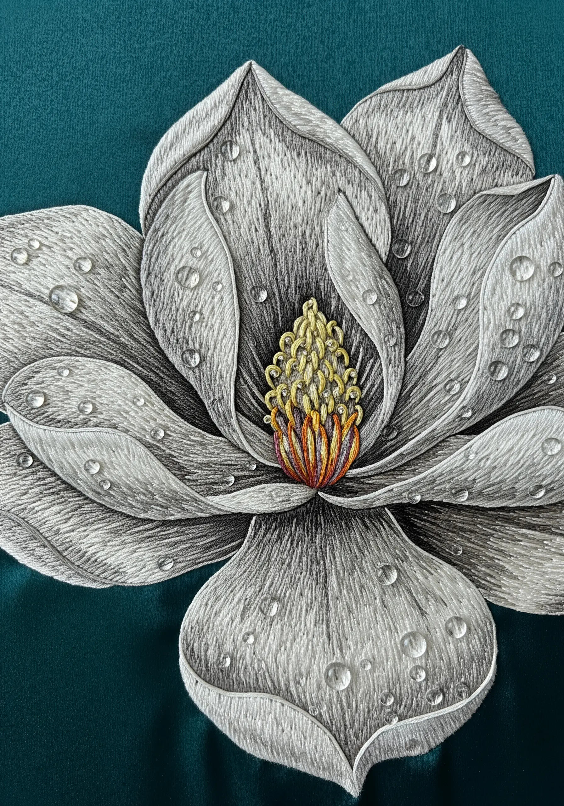 A grey and white magnolia embroidered with long, smooth stitches and beaded water droplets.