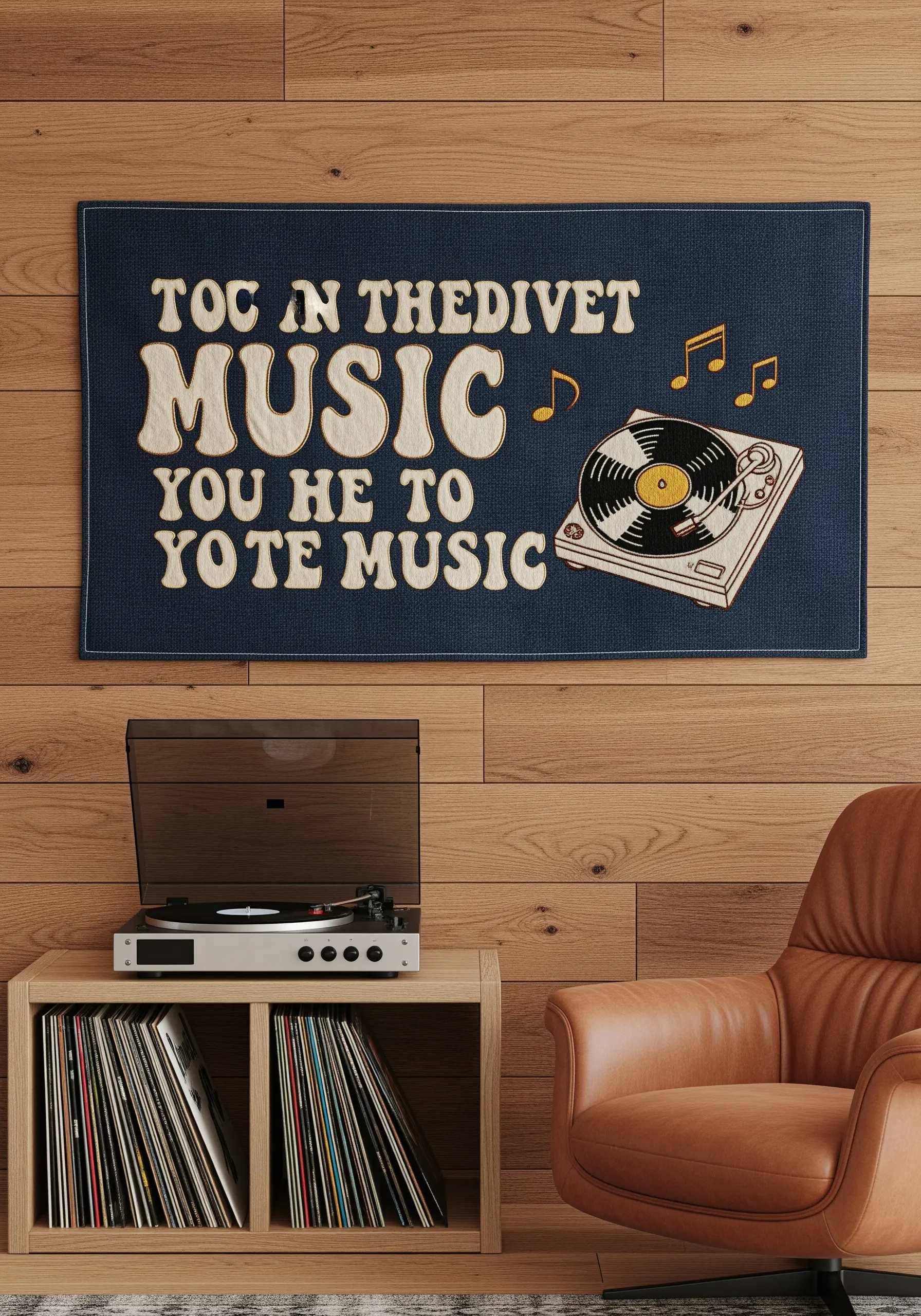 Retro-style embroidered banner with padded satin stitch lettering and a record player.