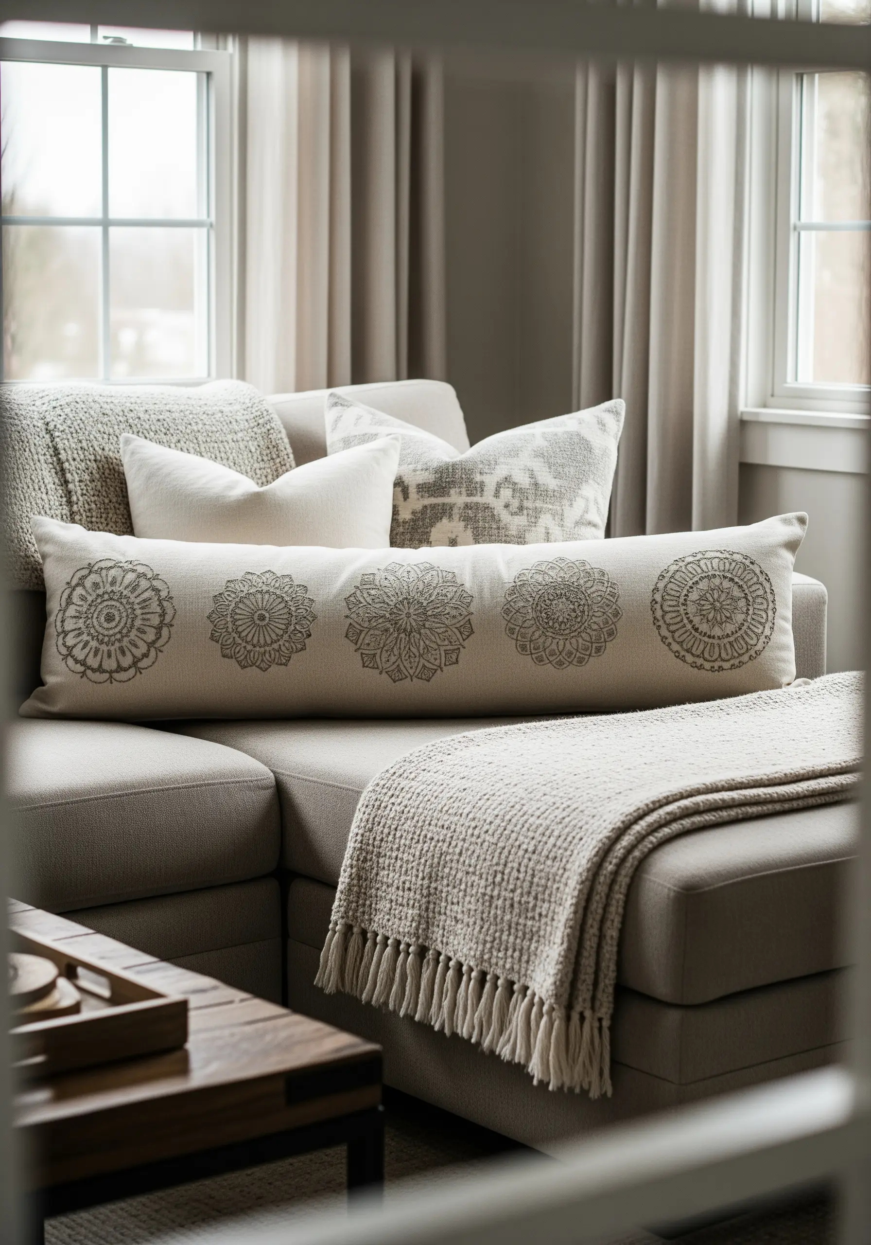 A long bolster pillow on a neutral sofa, decorated with a row of five identical mandalas.