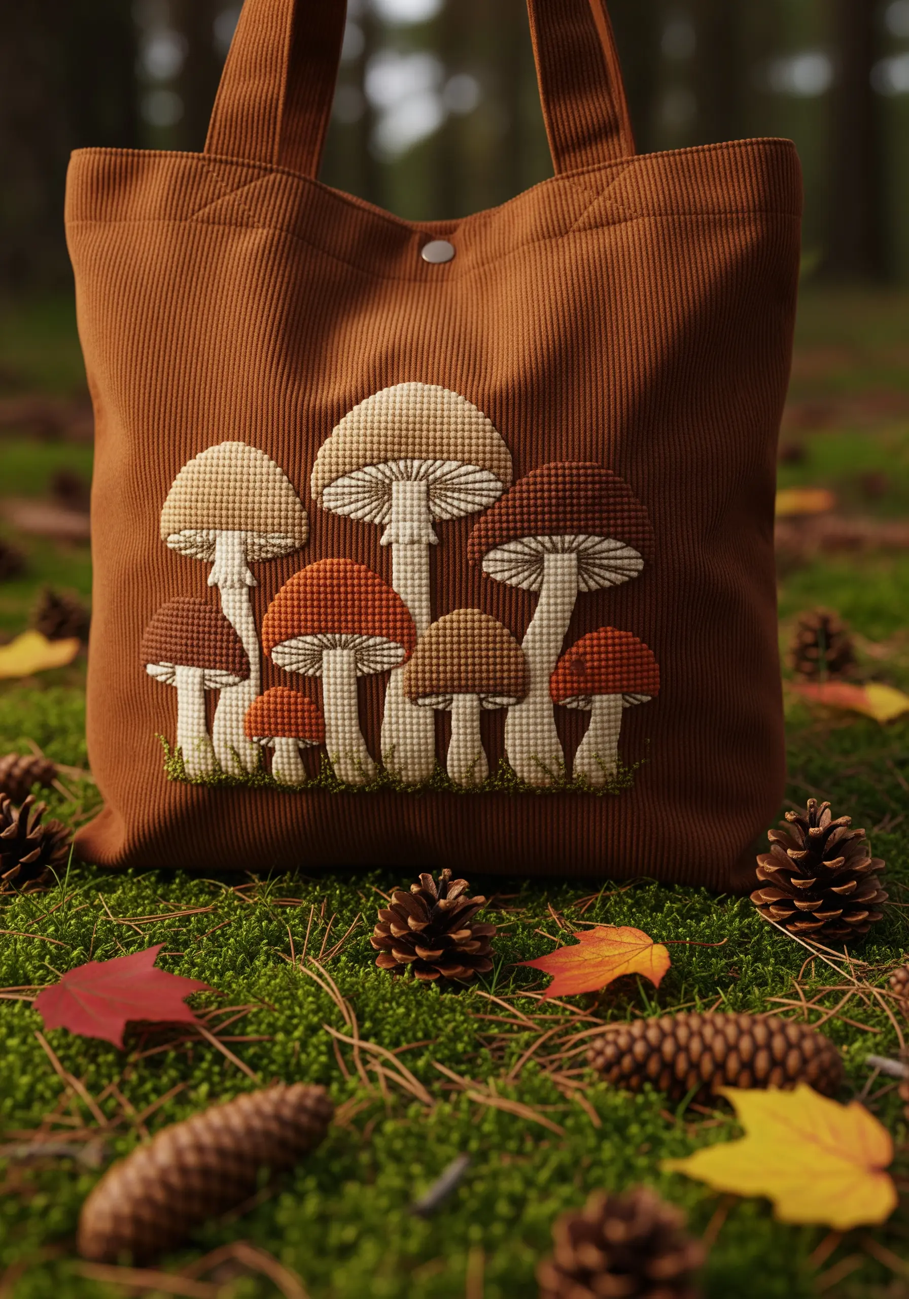 A cluster of embroidered mushrooms with cross-hatched caps on a brown corduroy tote.