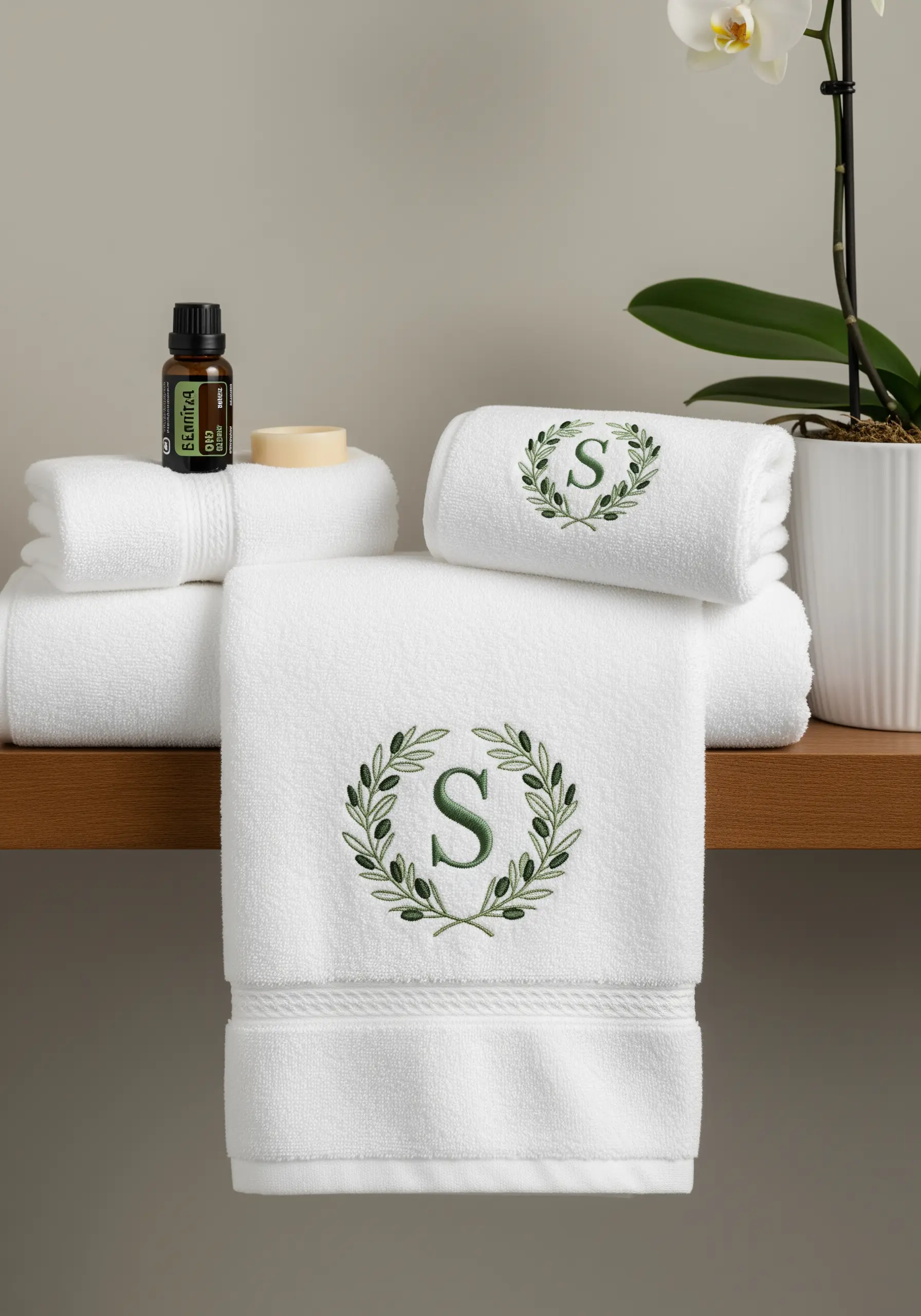 White bath towels embroidered with a green laurel wreath surrounding the letter 'S'.