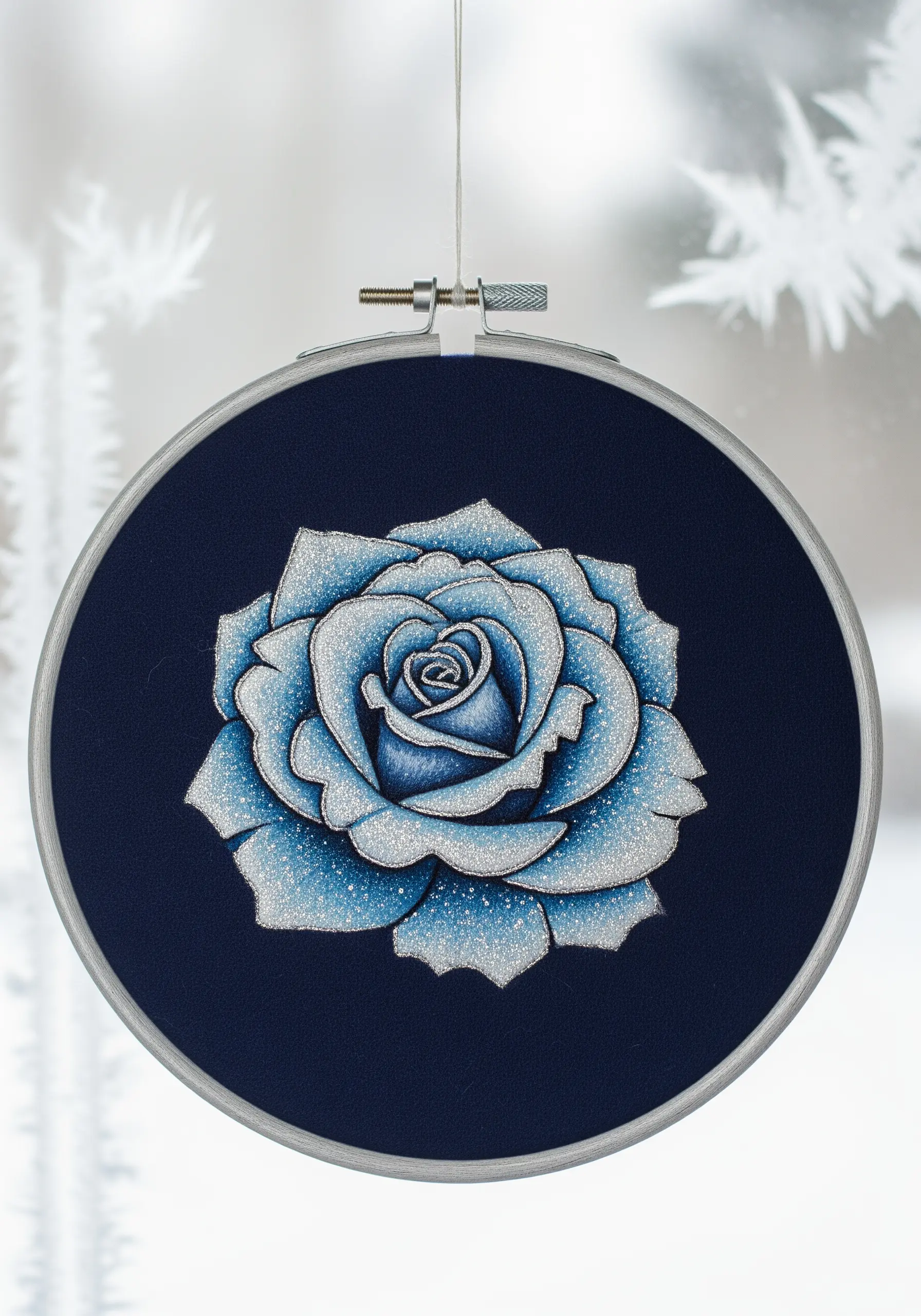 Blue rose with a frosted effect, stitched with silver highlights on dark navy fabric.