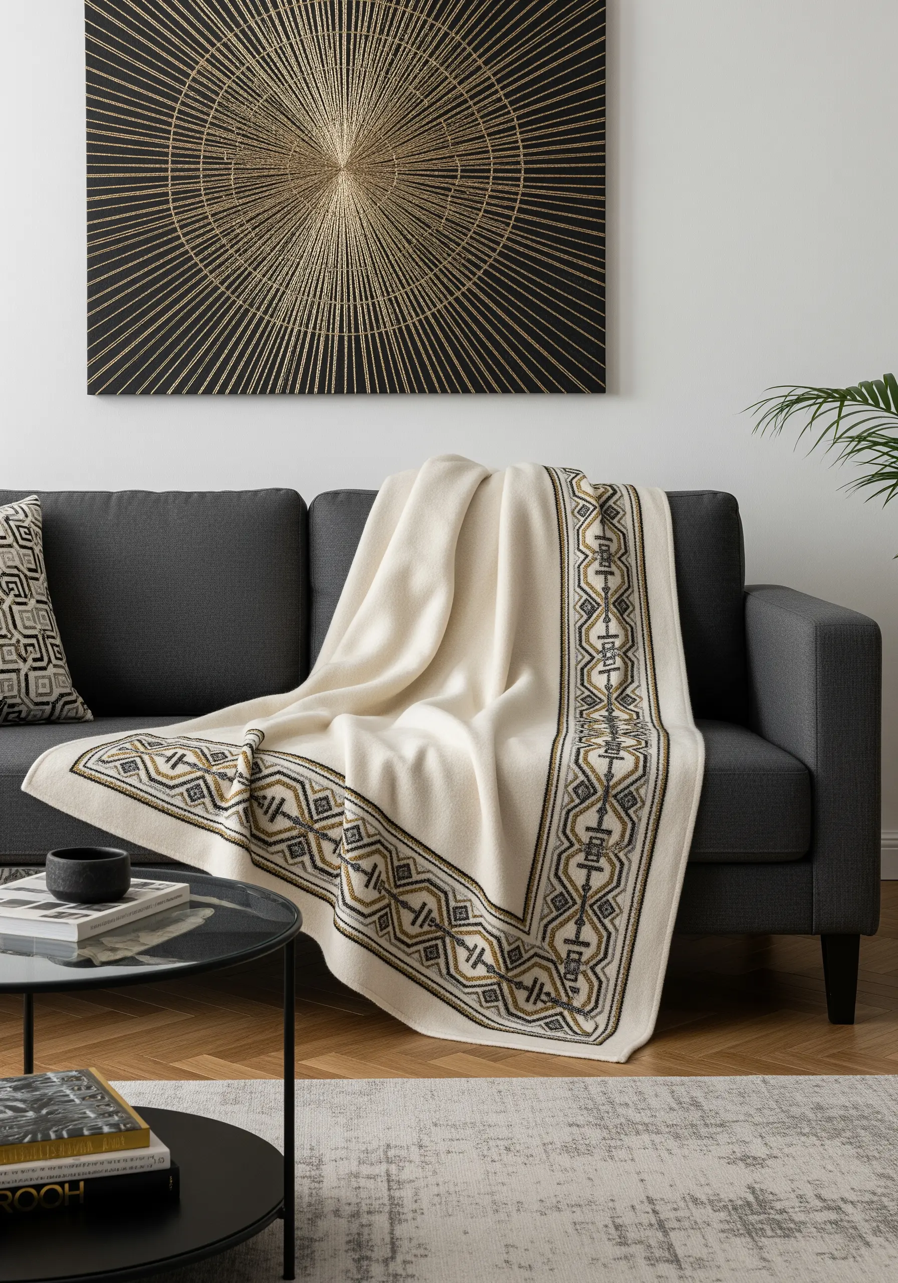 An off-white throw blanket with an intricate geometric border in black, gold, and gray.