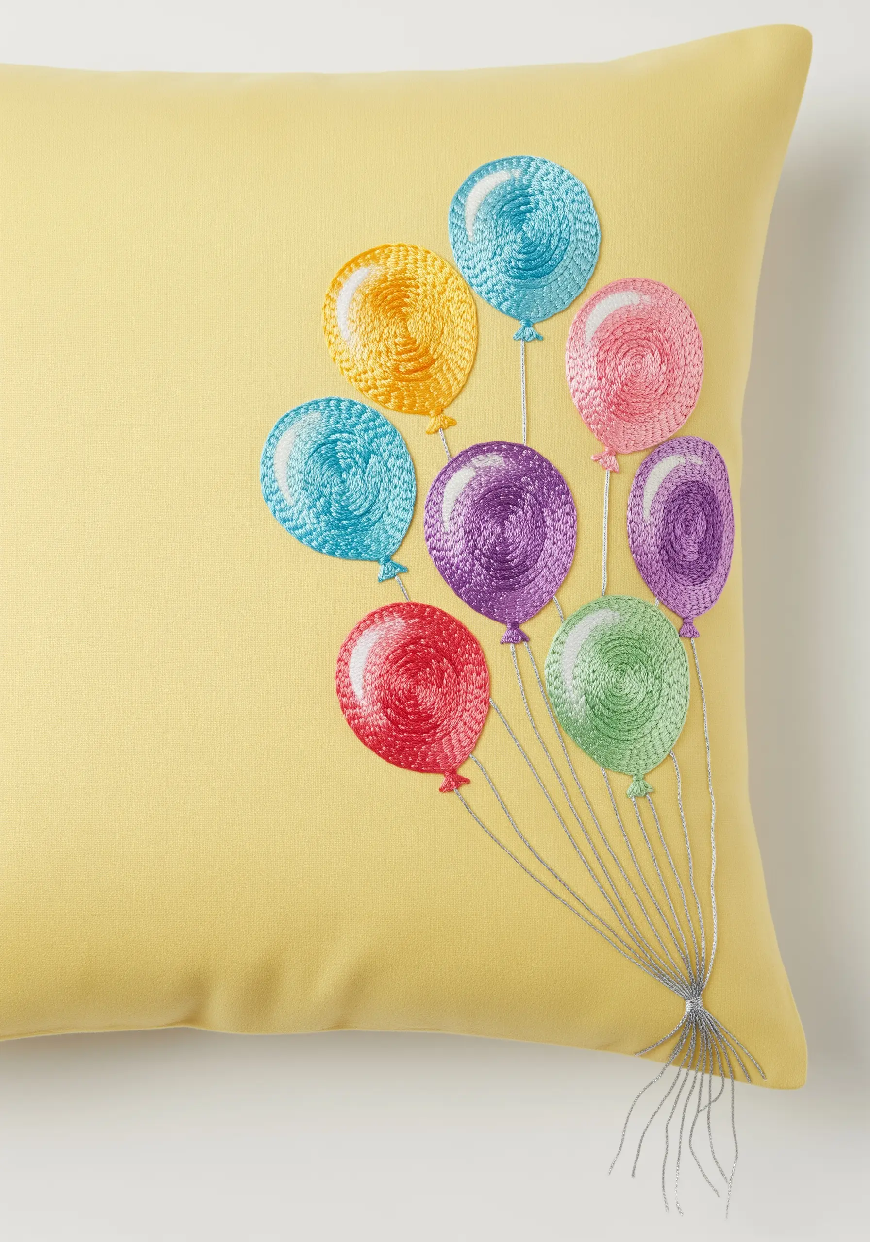 A bunch of brightly colored embroidered balloons with glossy highlights on a yellow pillow.