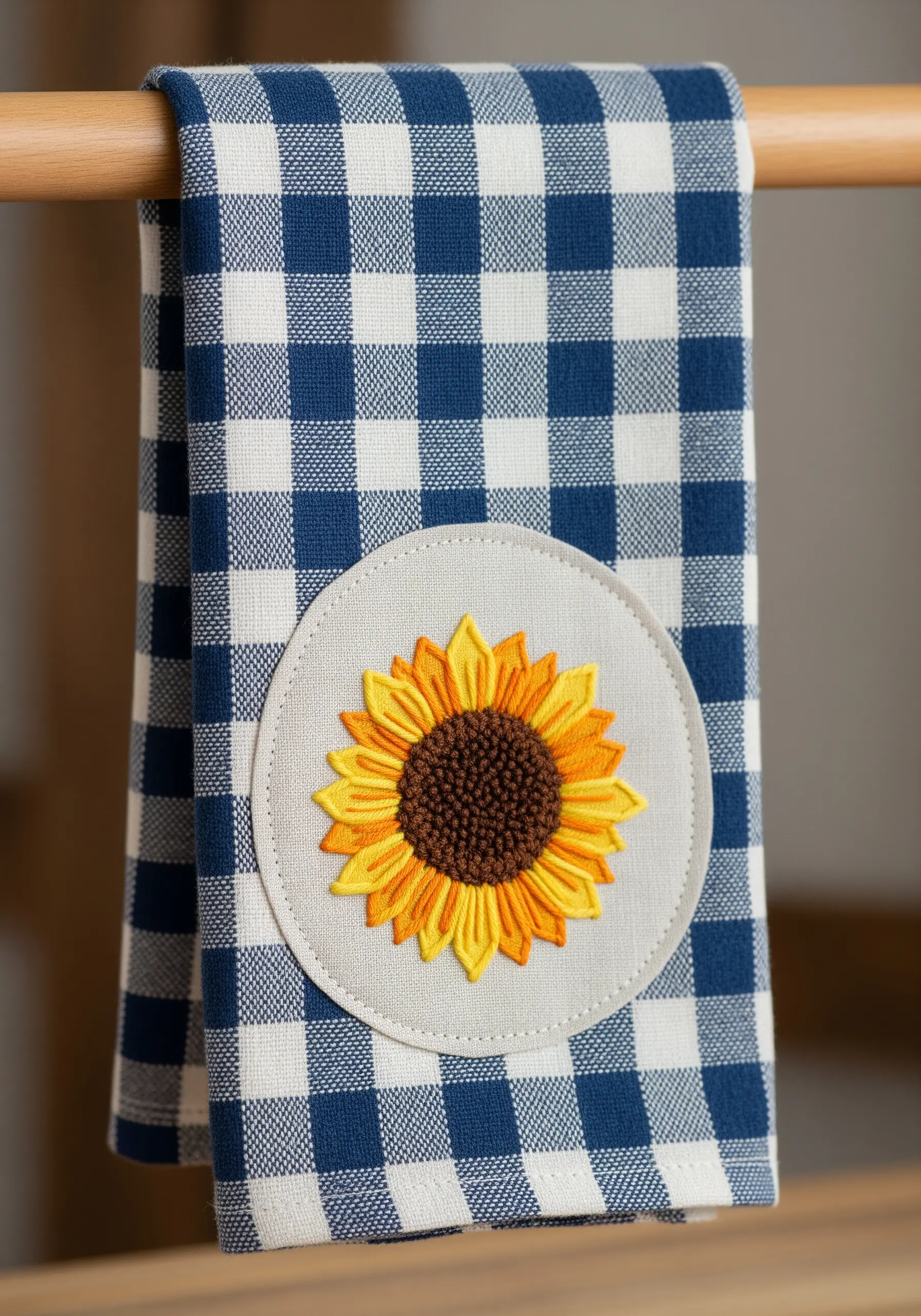 An embroidered sunflower patch with satin-stitched petals sewn onto a blue gingham towel