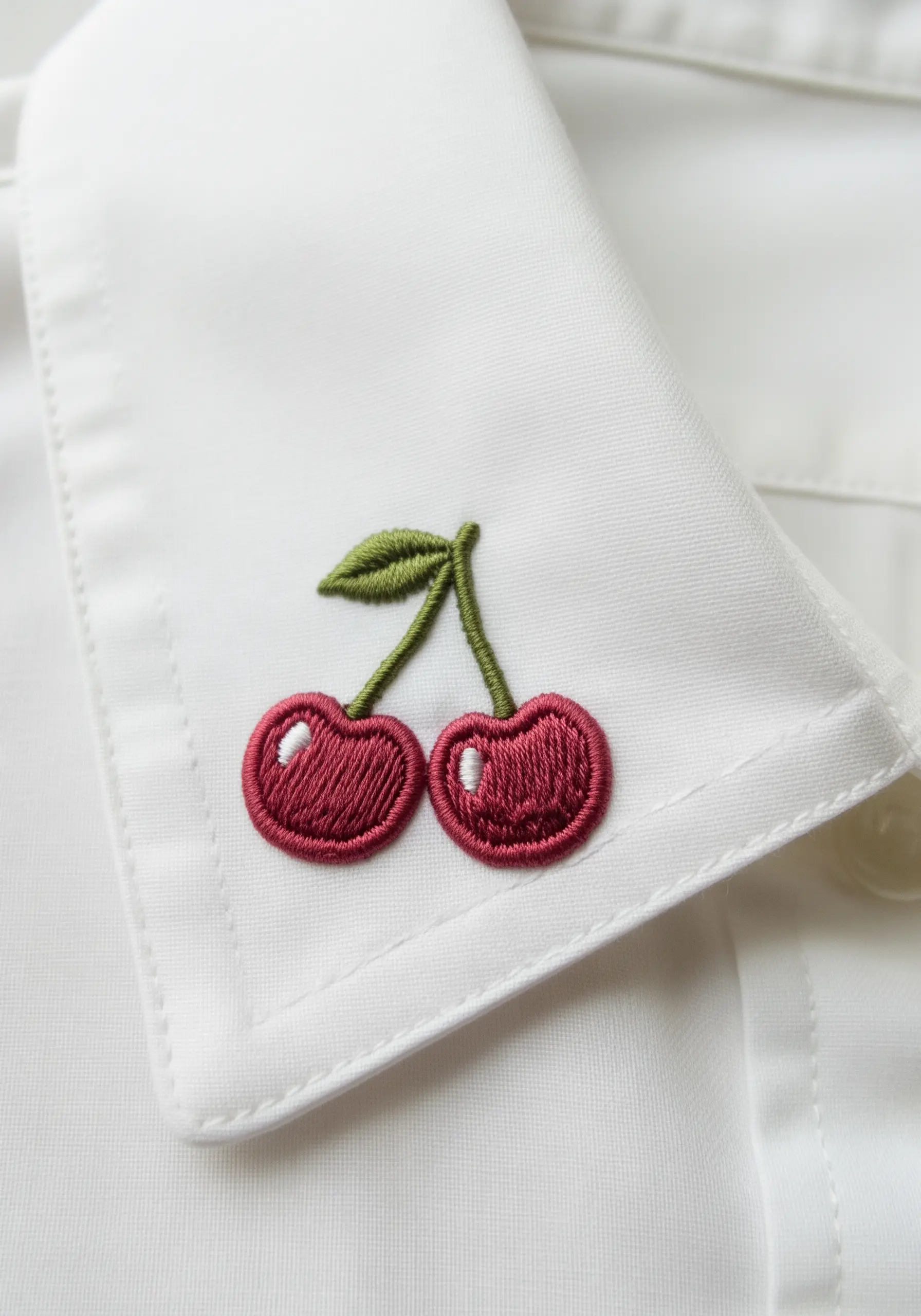 A small, detailed embroidery of two cherries on the collar of a white shirt.