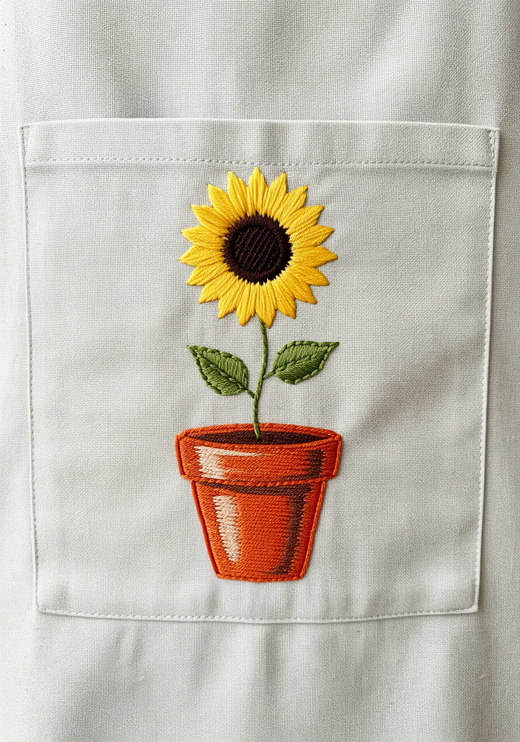 A single, simple sunflower in a terracotta pot embroidered on the pocket of a beige apron