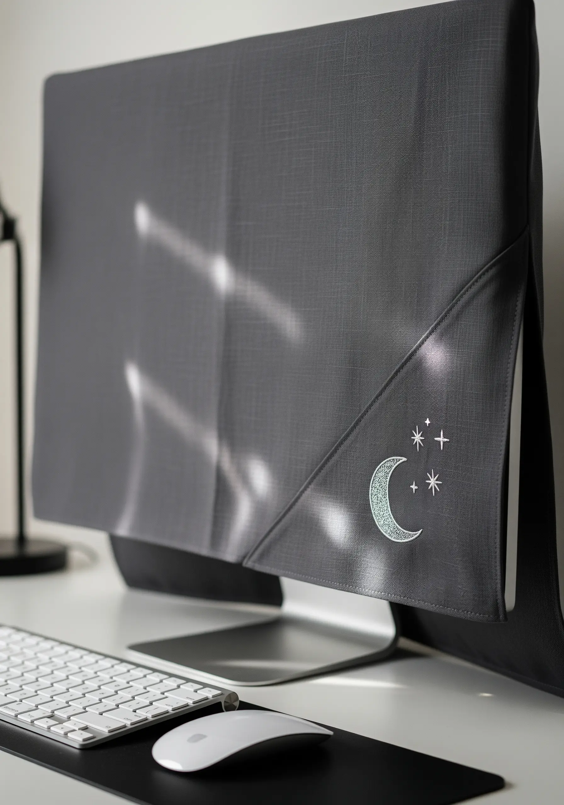 A silver crescent moon appliqué with embroidered stars on a grey monitor cover