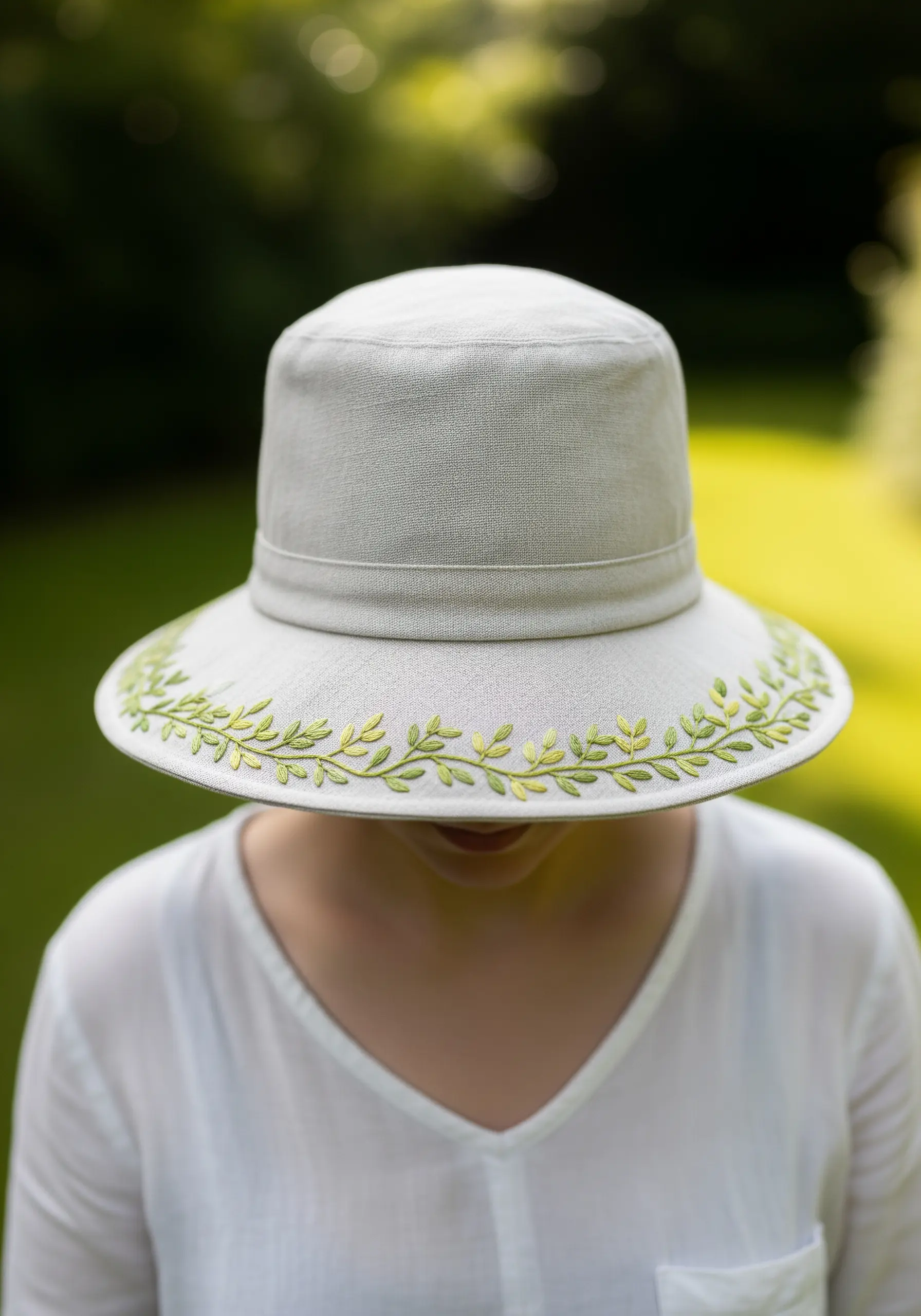 A simple green vine with leaves embroidered around the brim of a light gray linen hat.