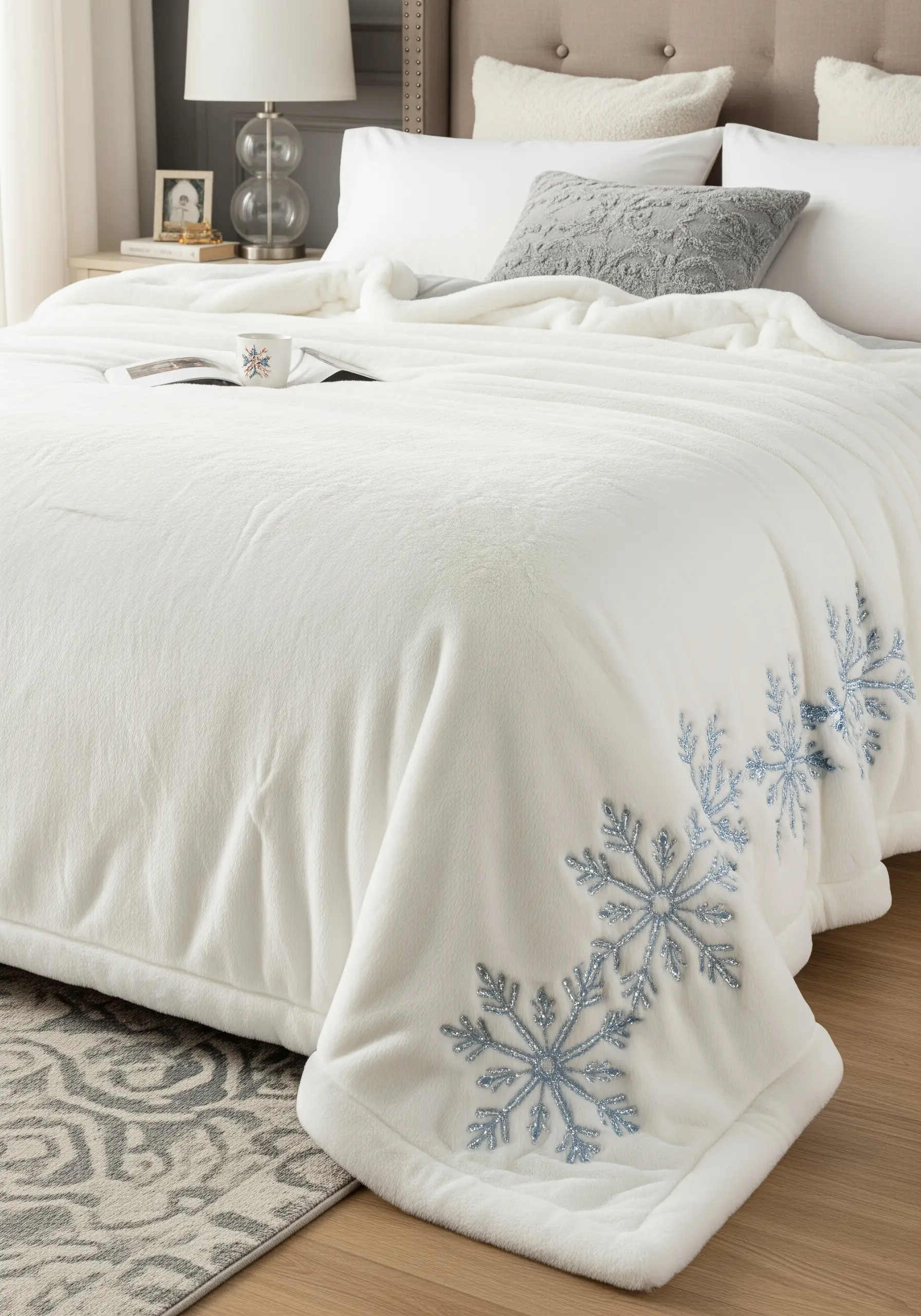 Large, delicate snowflakes embroidered in silver-blue thread on the corner of a white fleece blanket.