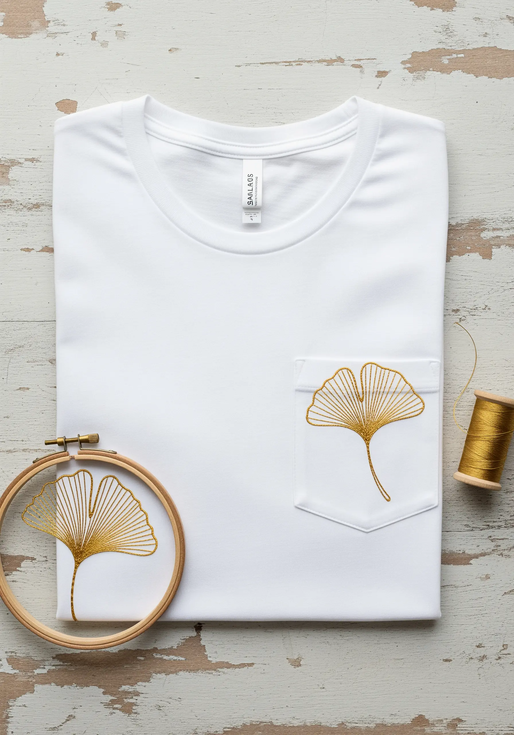 Gold metallic thread ginkgo leaf embroidery on a t-shirt pocket.