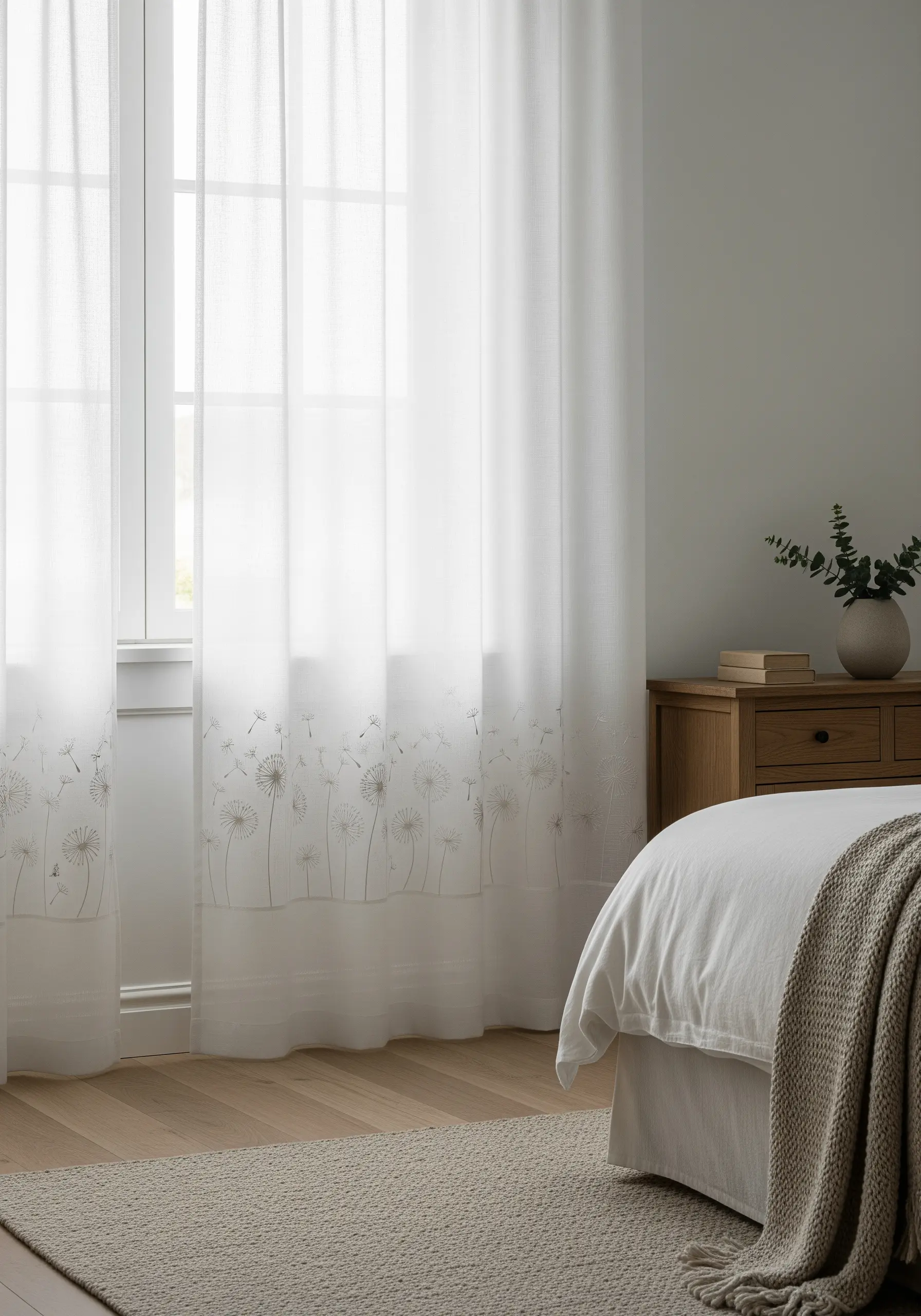 Delicate dandelion clocks embroidered in a border on white sheer curtains.