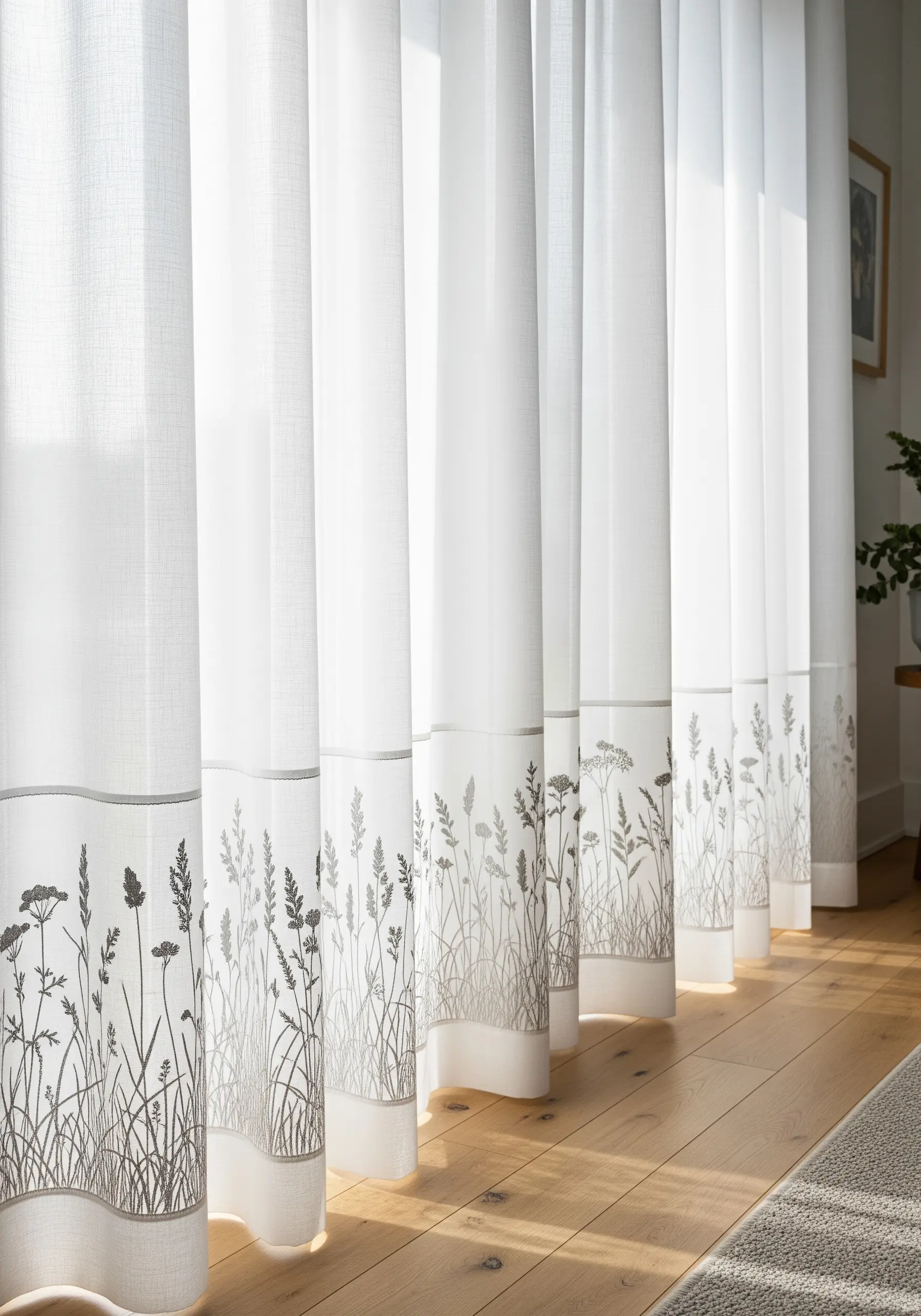 Sheer white curtains with a delicate embroidered border of meadow grass and wildflower silhouettes