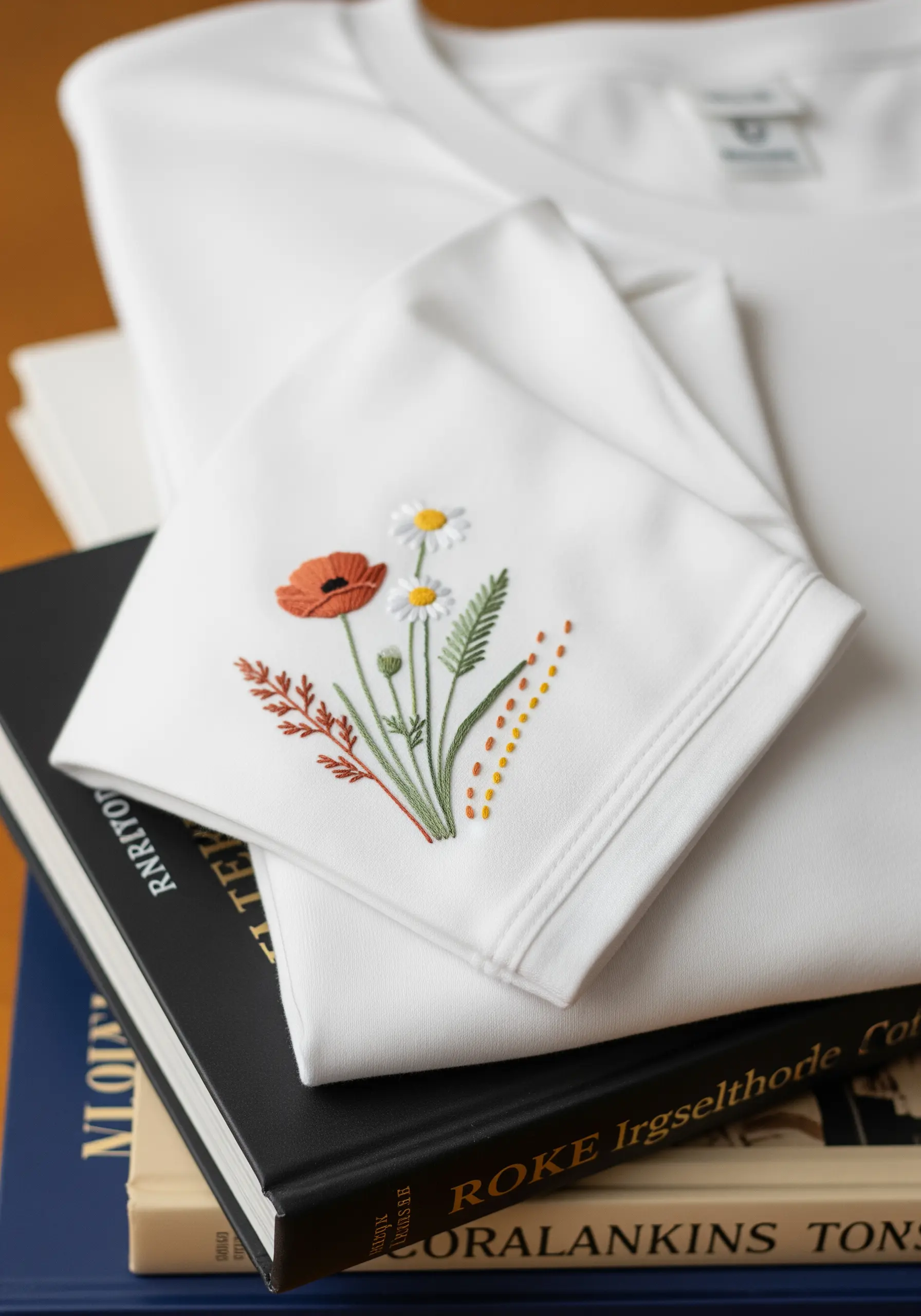 Small embroidered bouquet with poppy and daisies on a folded t-shirt sleeve.