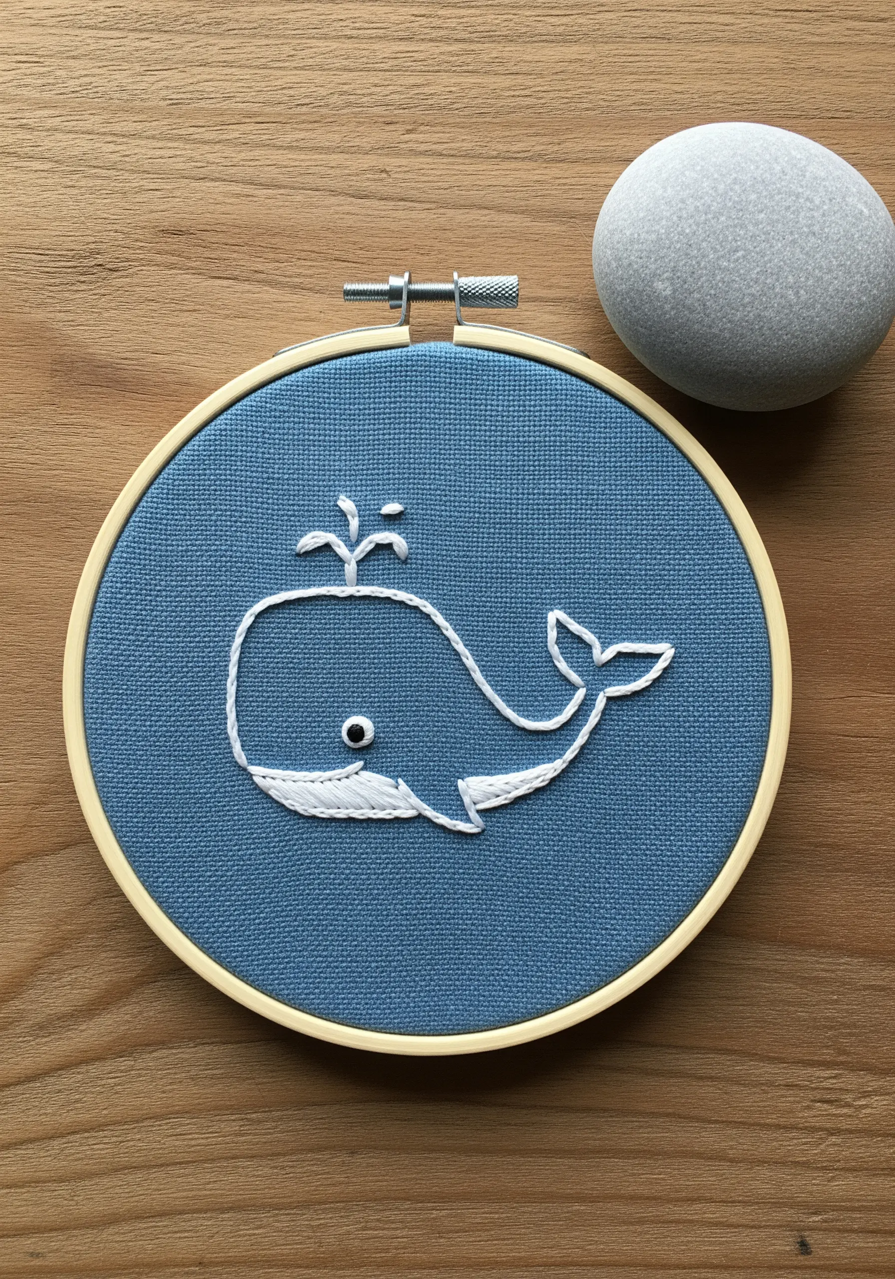 A simple, cartoon-style whale embroidered with a bold white outline on blue fabric.