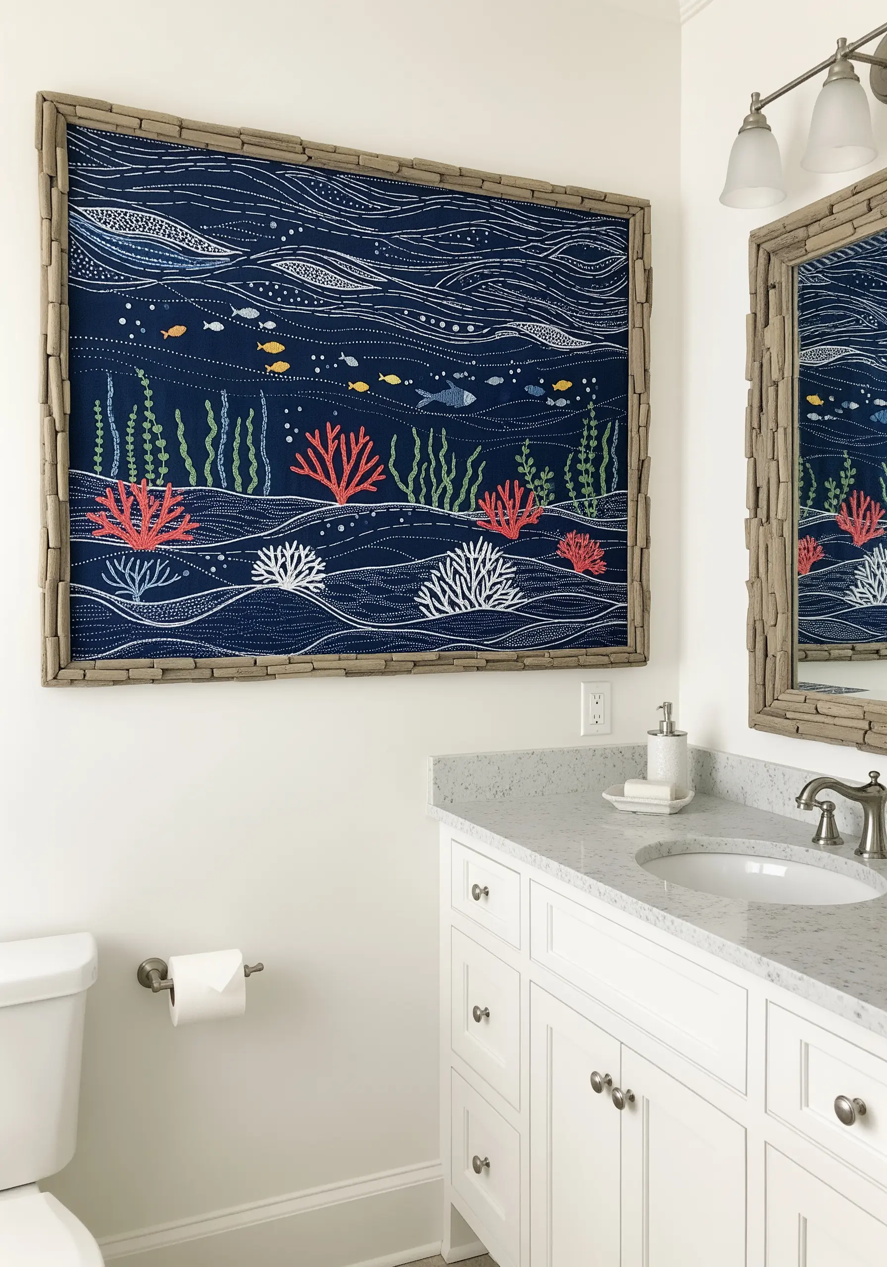 Embroidered underwater scene with coral and fish, framed with pieces of driftwood.