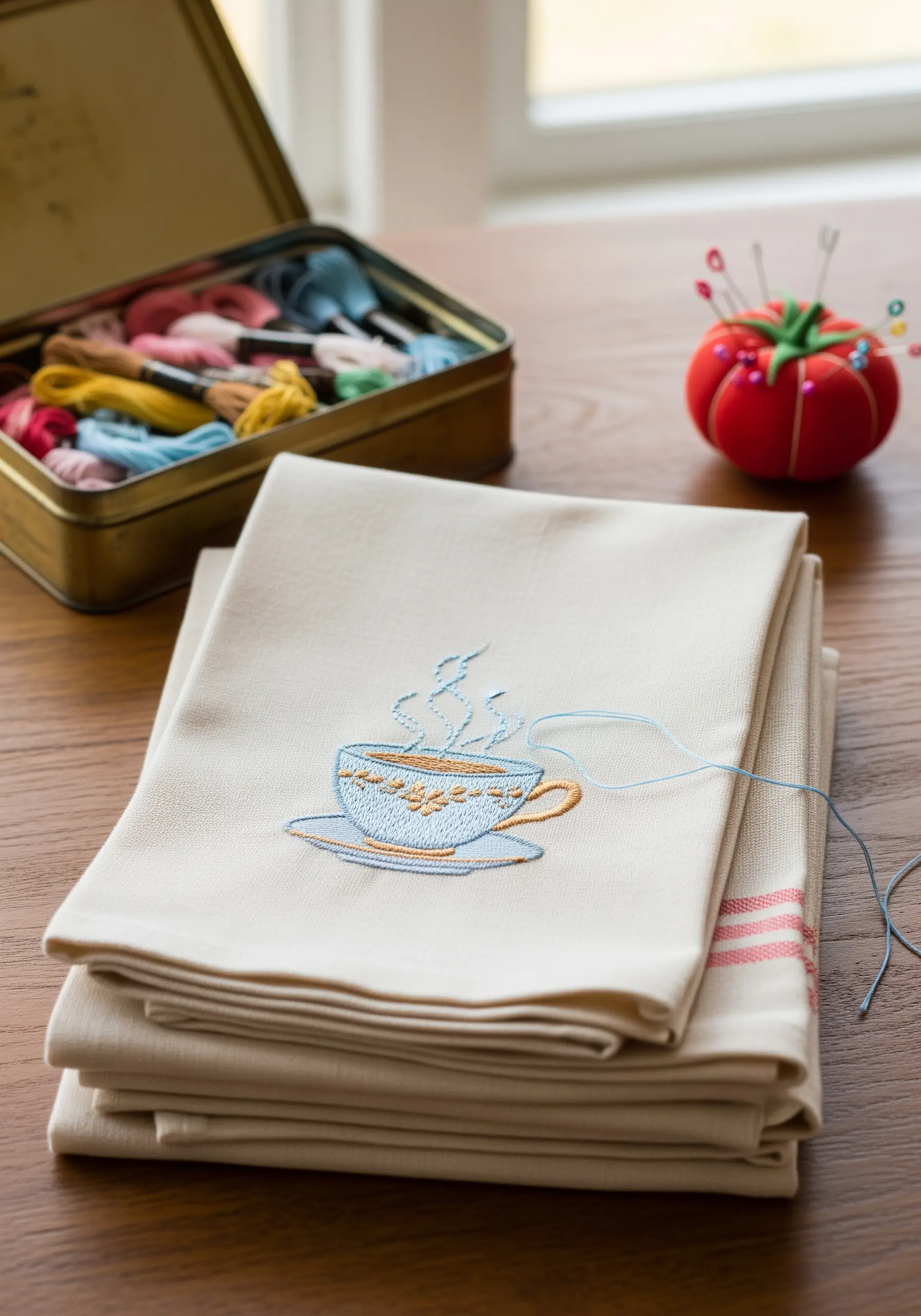 A small, delicate embroidery of a coffee cup on a folded cream-colored tea towel.