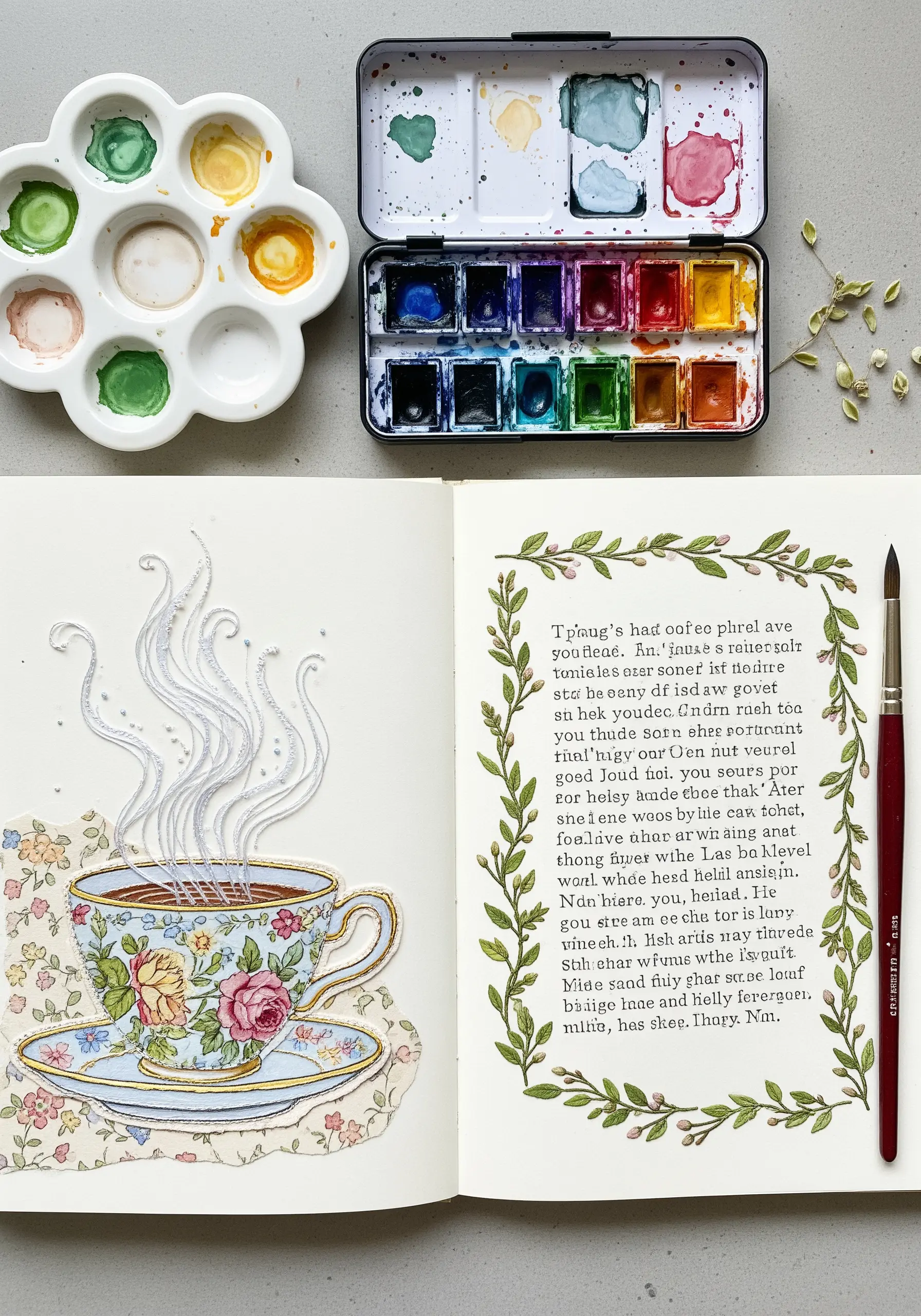 A watercolor painting of a teacup with delicate white threads stitched as rising steam.