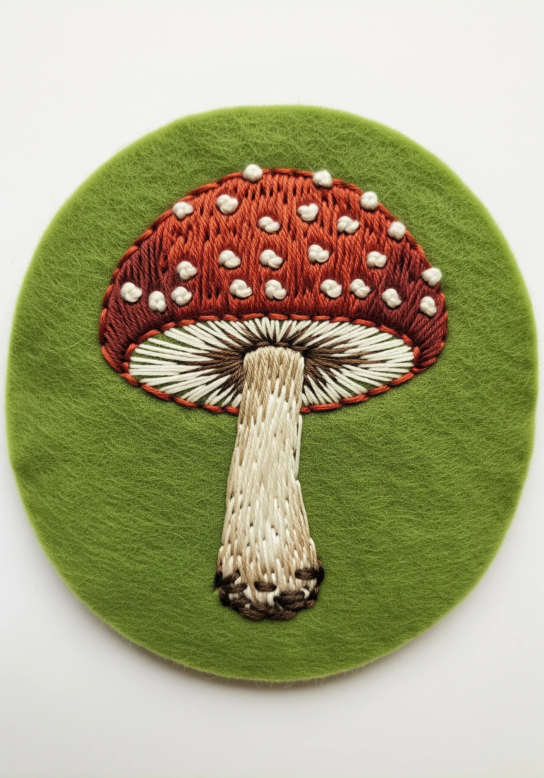 A red-and-white toadstool mushroom patch embroidered on green felt.