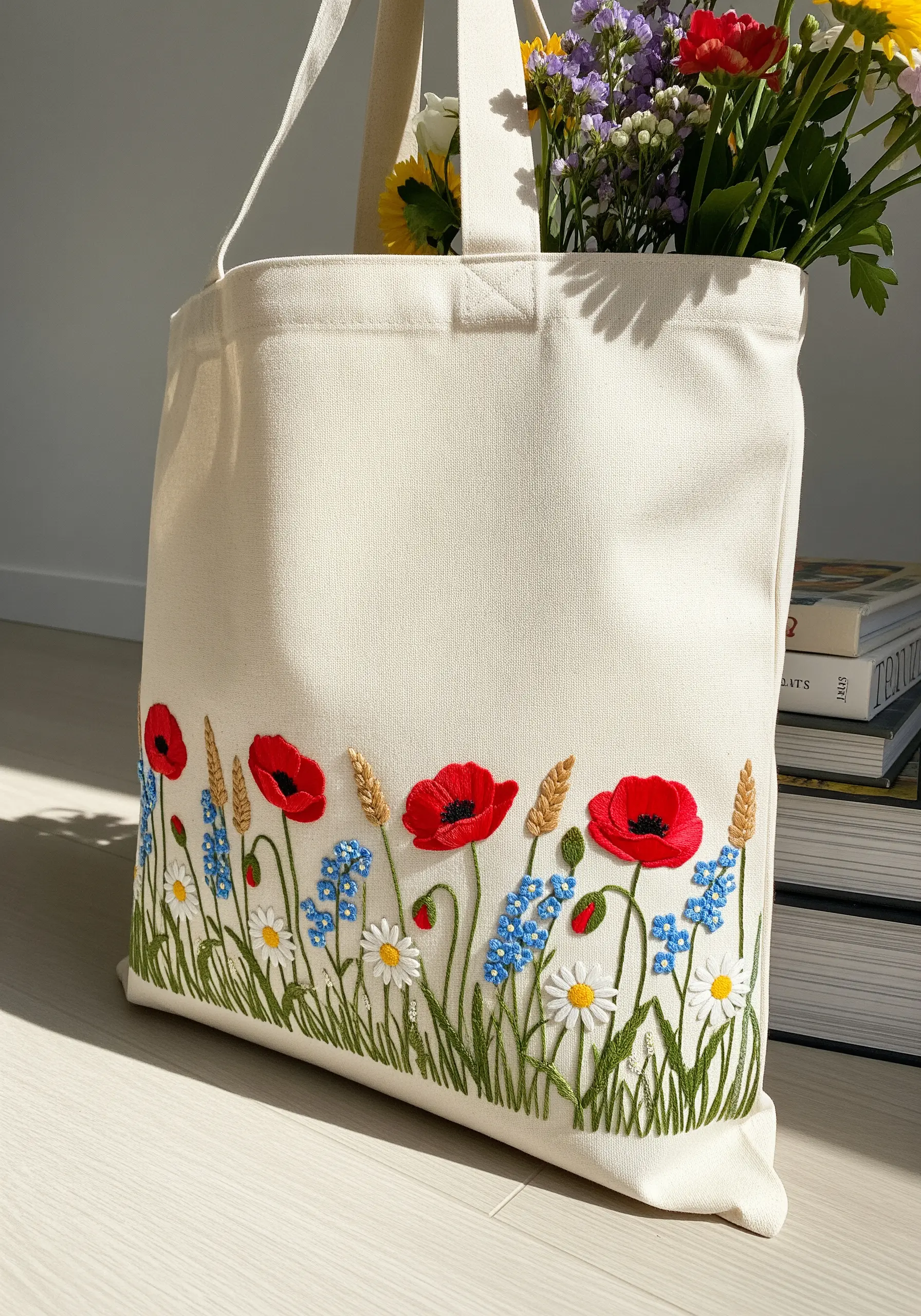 Embroidered wildflowers, including red poppies and daisies, on a canvas tote bag.