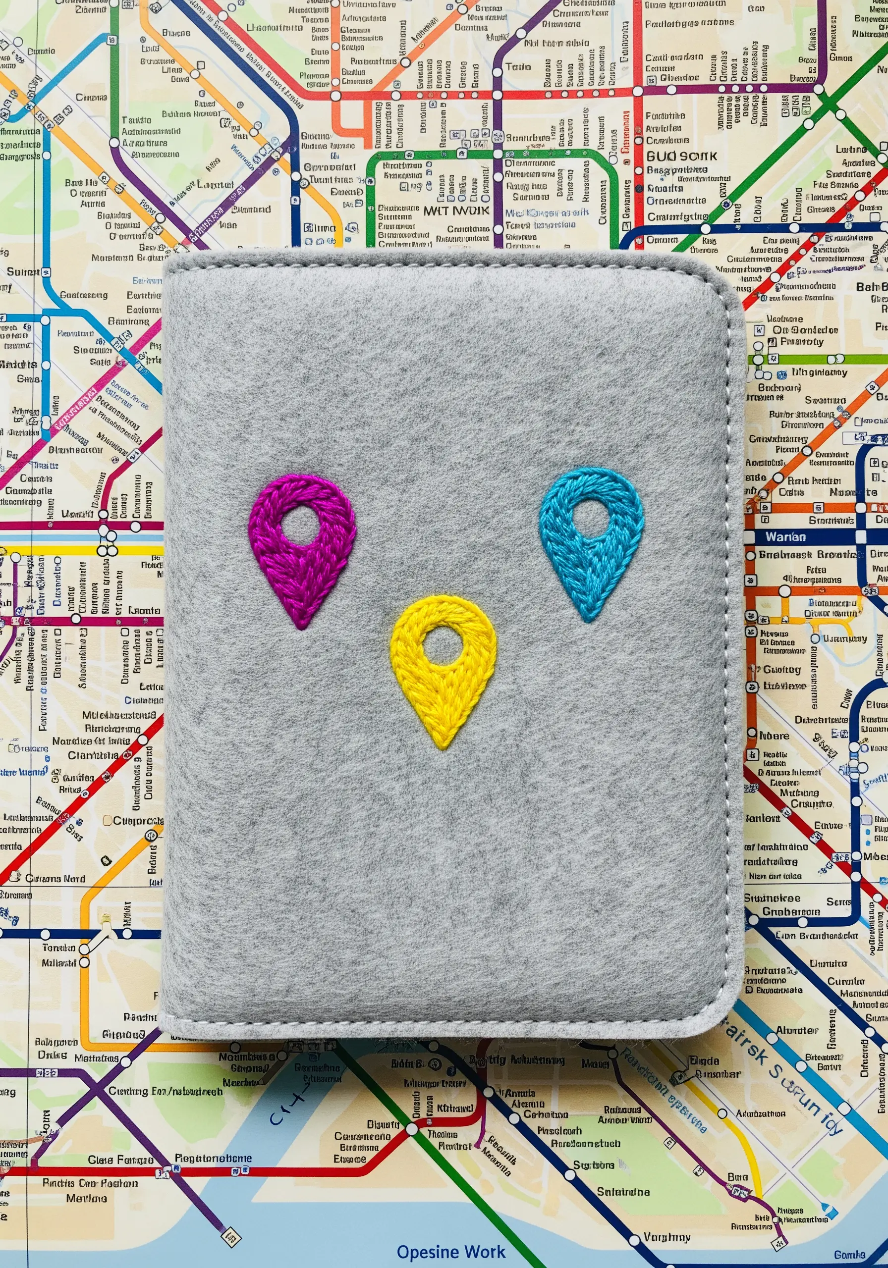 Three colorful, dimensional map pin icons embroidered on a grey felt passport cover.