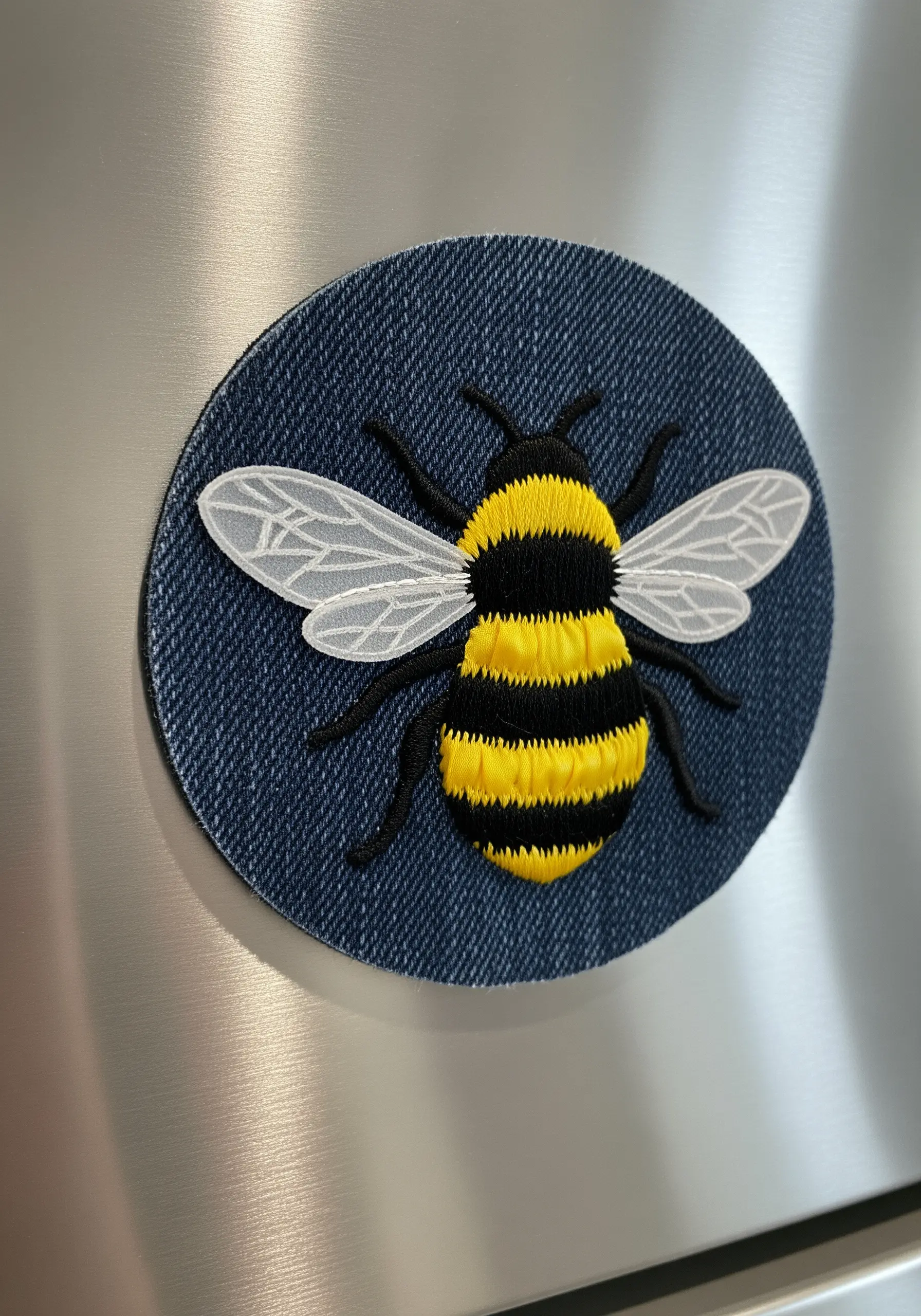 A 3D embroidered bee on denim, with padded body and sheer organza wings.