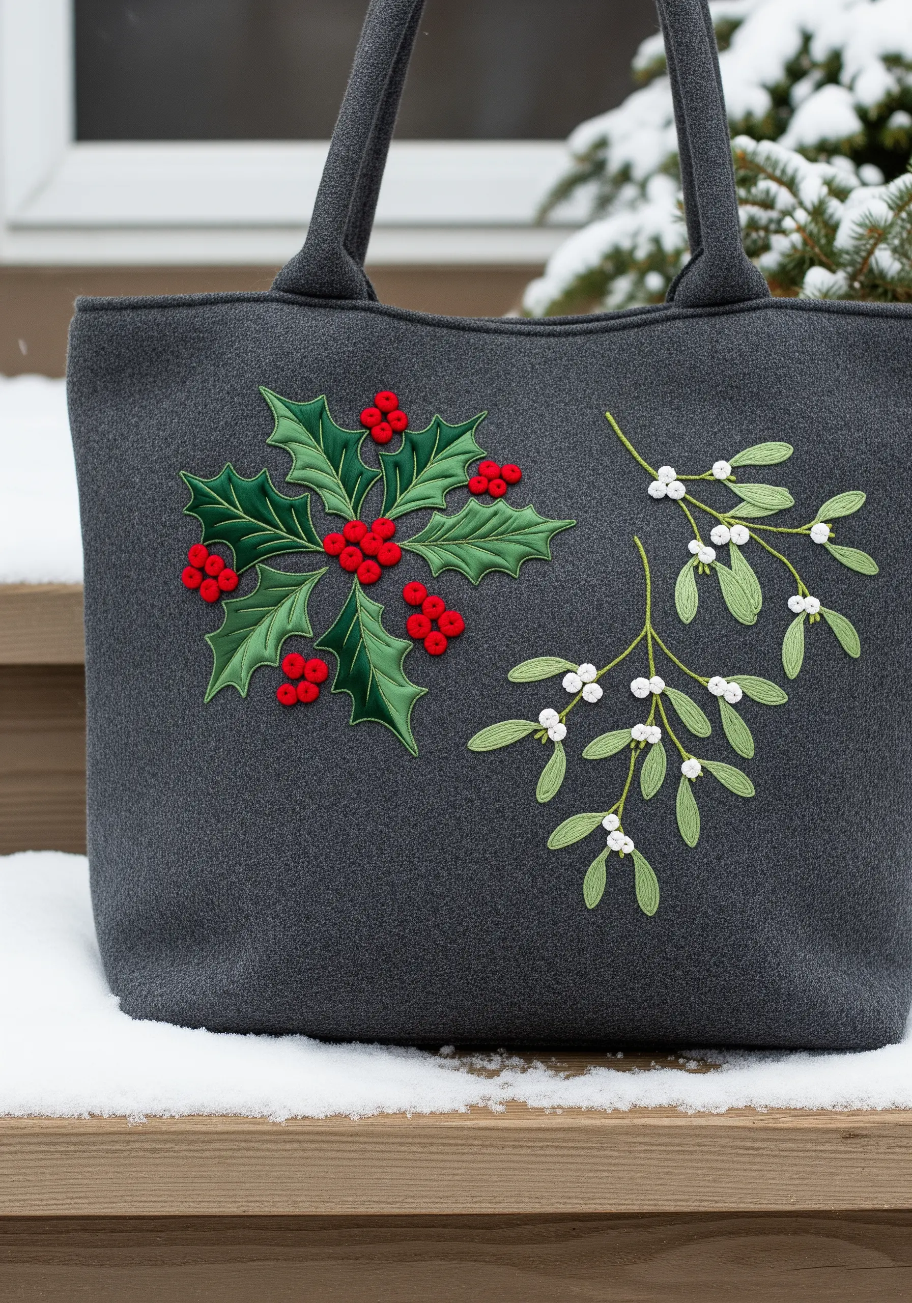 Embroidered holly with padded red berries and mistletoe on a gray felt tote bag.