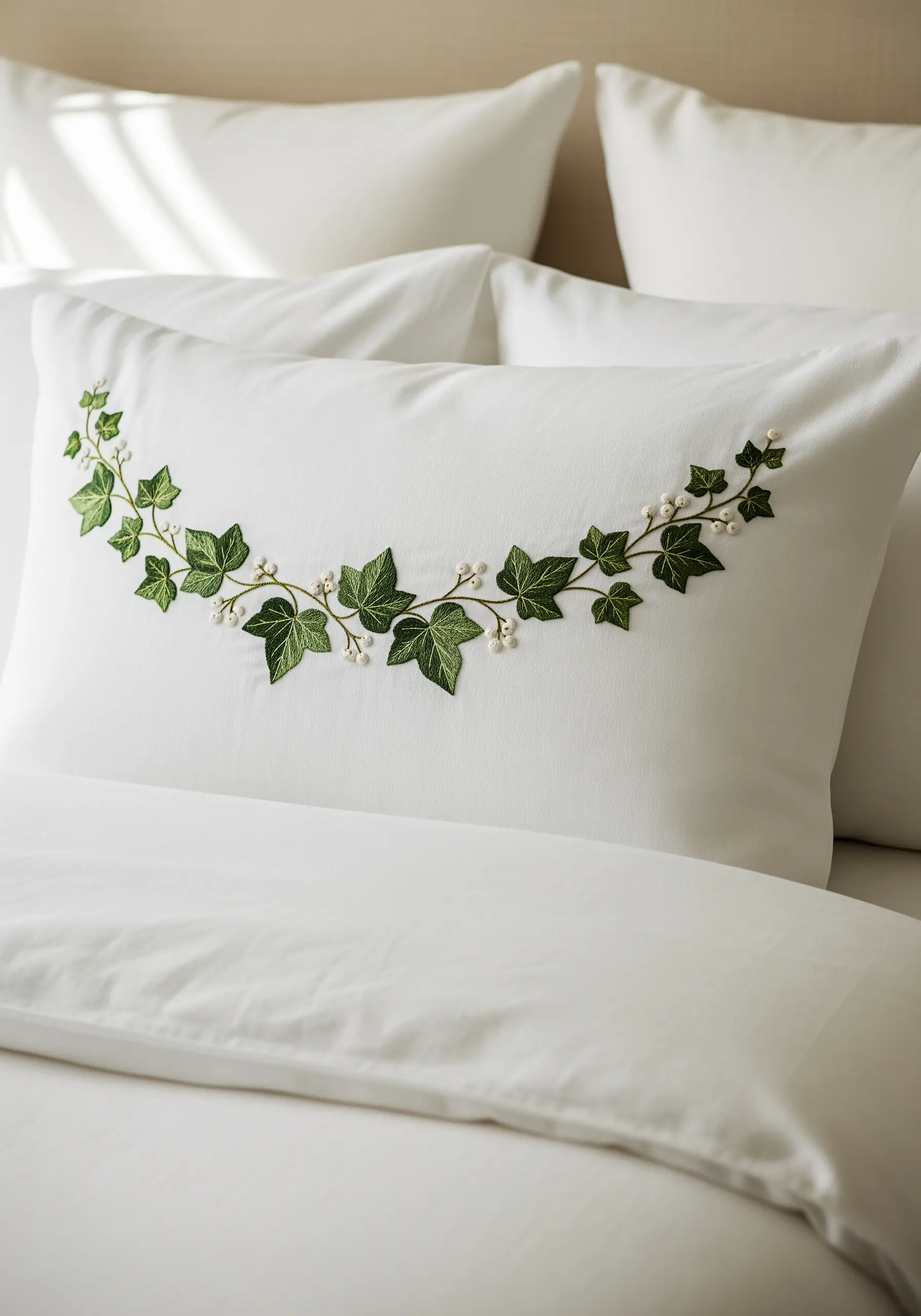 A graceful arc of embroidered ivy leaves and small pearl beads on a white pillowcase.