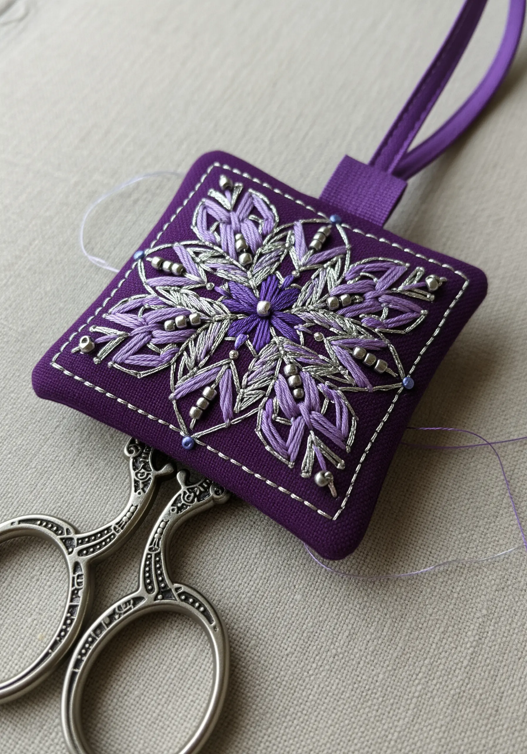 A purple scissor fob with an embroidered mandala design in various shades of purple and silver beads.