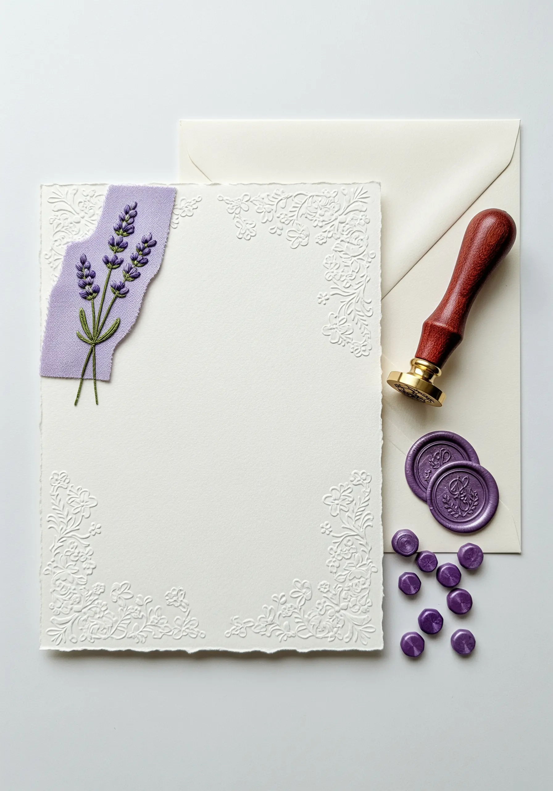 An embroidered lavender sprig on a torn-edge fabric piece, attached to an embossed ivory card.