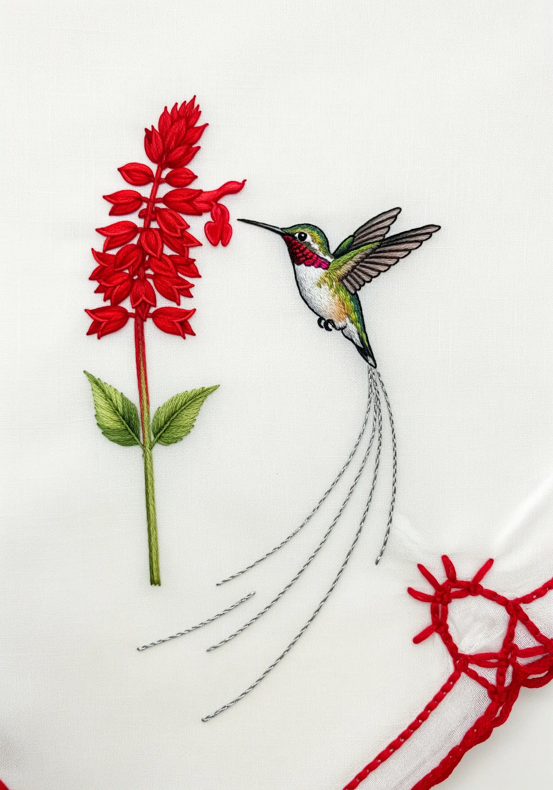 A hummingbird with long, flowing silver tail feathers and a red flower.