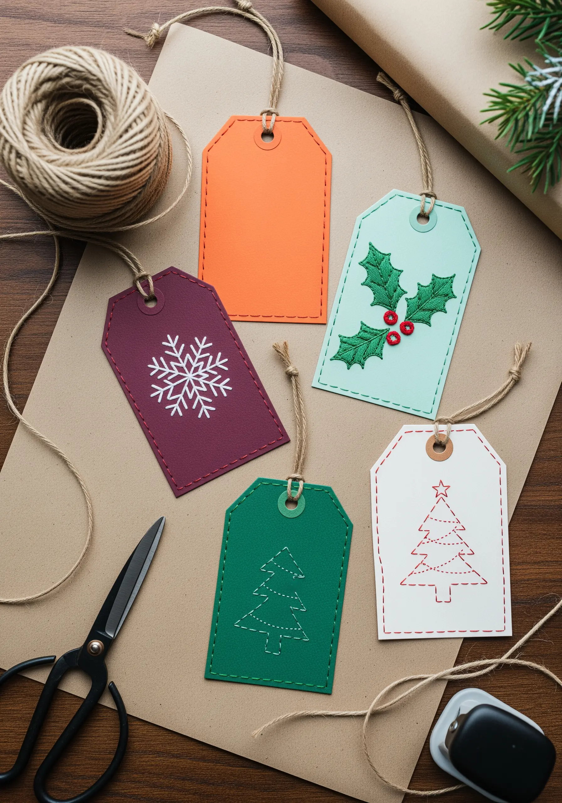 A collection of colorful paper gift tags embroidered with small festive motifs like holly and snowflakes.