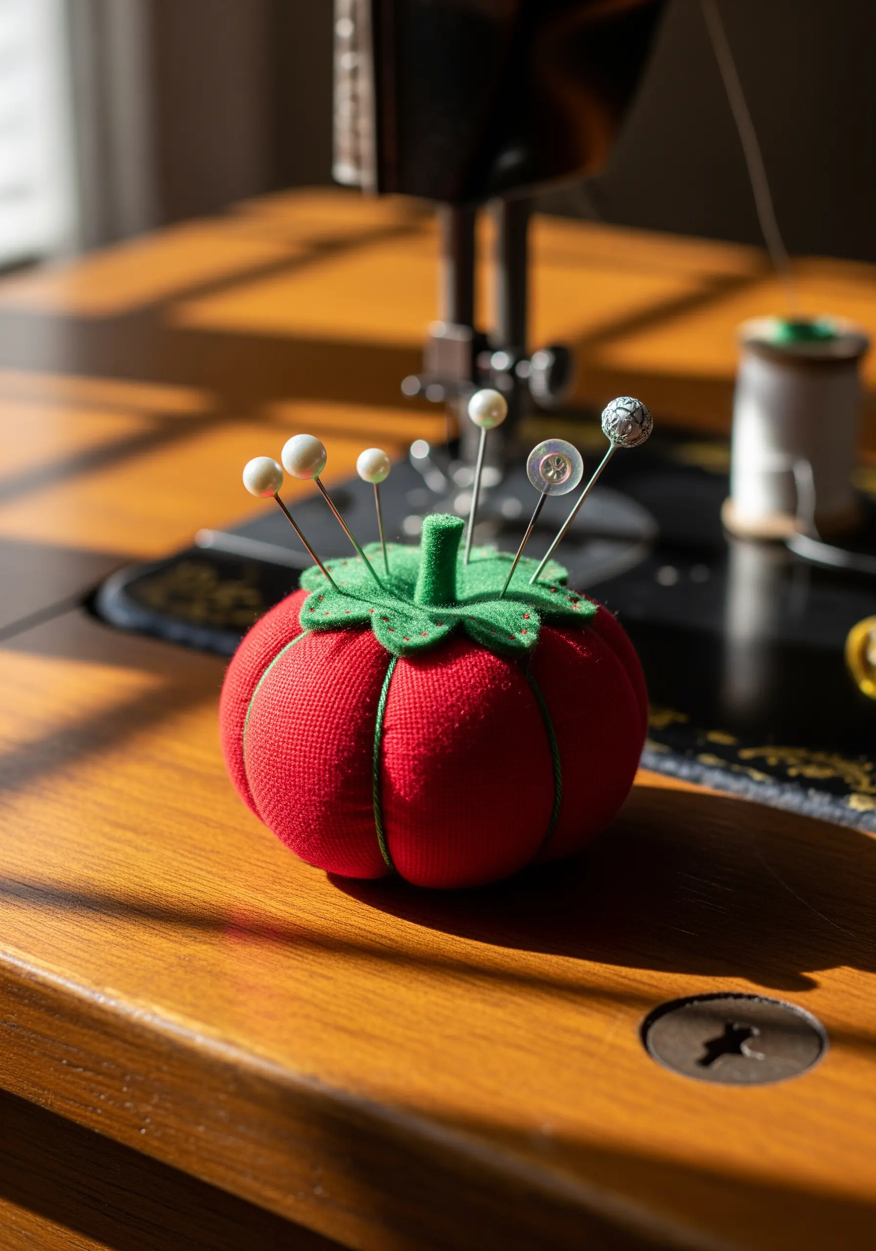 A handmade tomato pincushion with green thread details on a sewing machine.