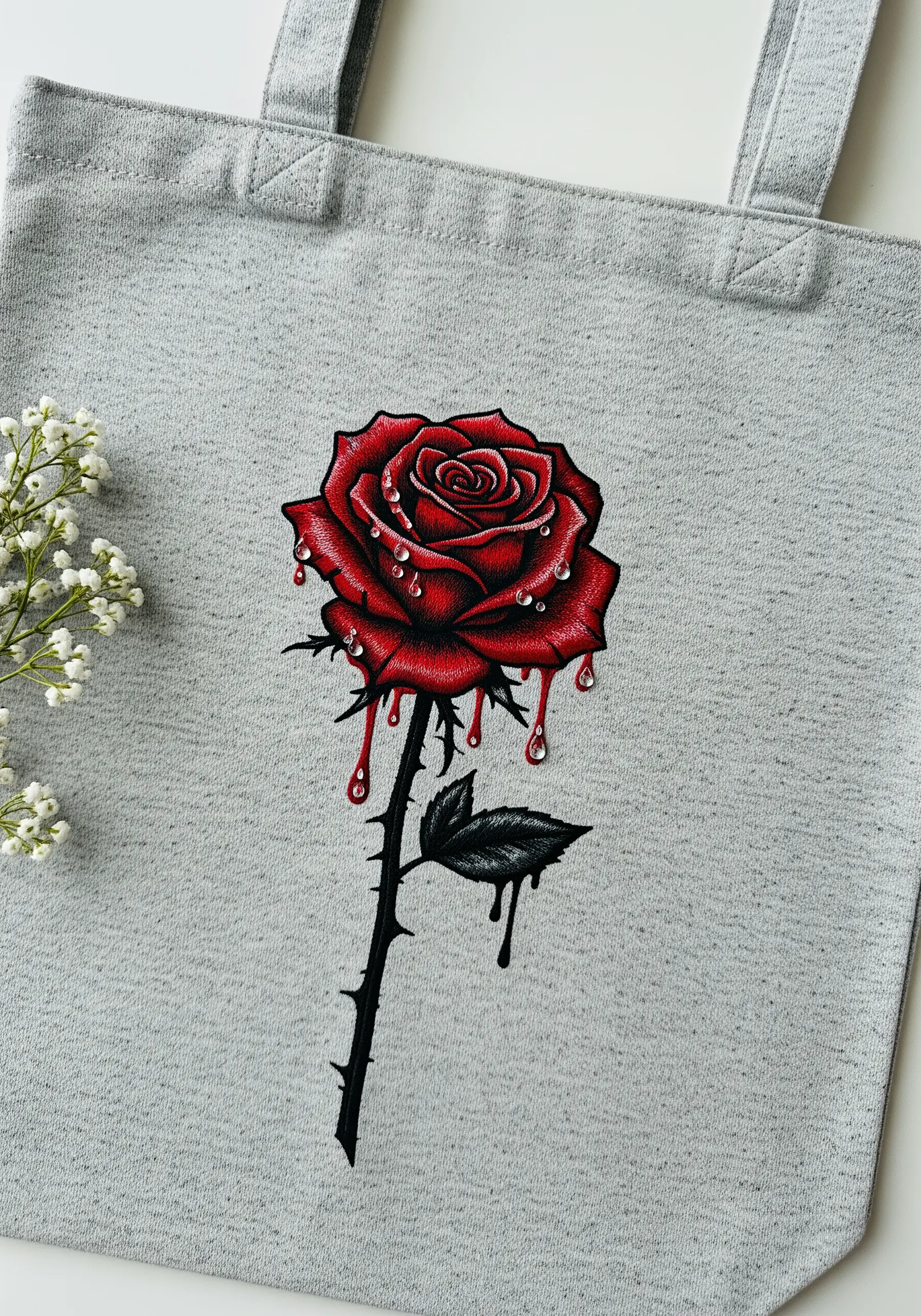 A hyper-realistic embroidered red rose with black outlines and dripping details.