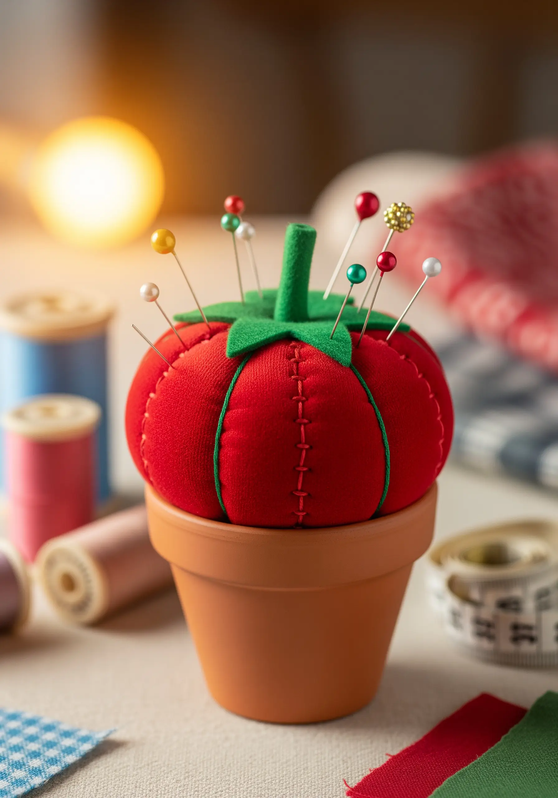 A classic red tomato pincushion in a terracotta pot, with decorative running stitches.