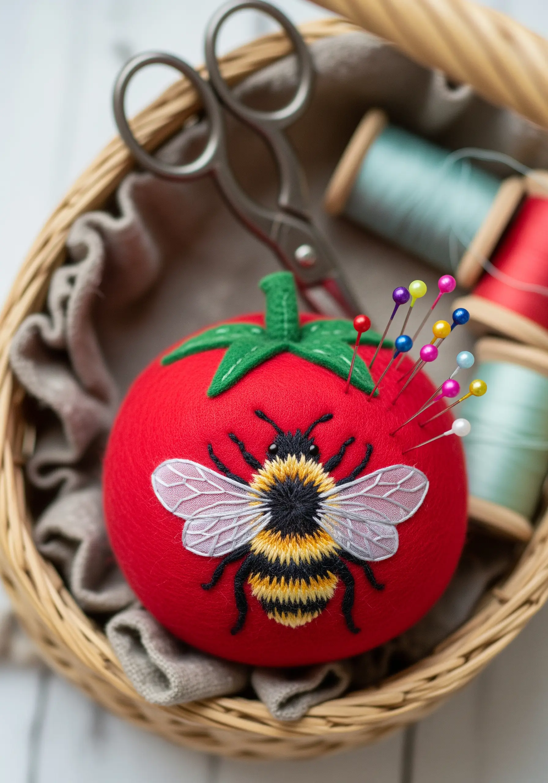 A realistic bumblebee with 3D wings embroidered on a red tomato-style pincushion.