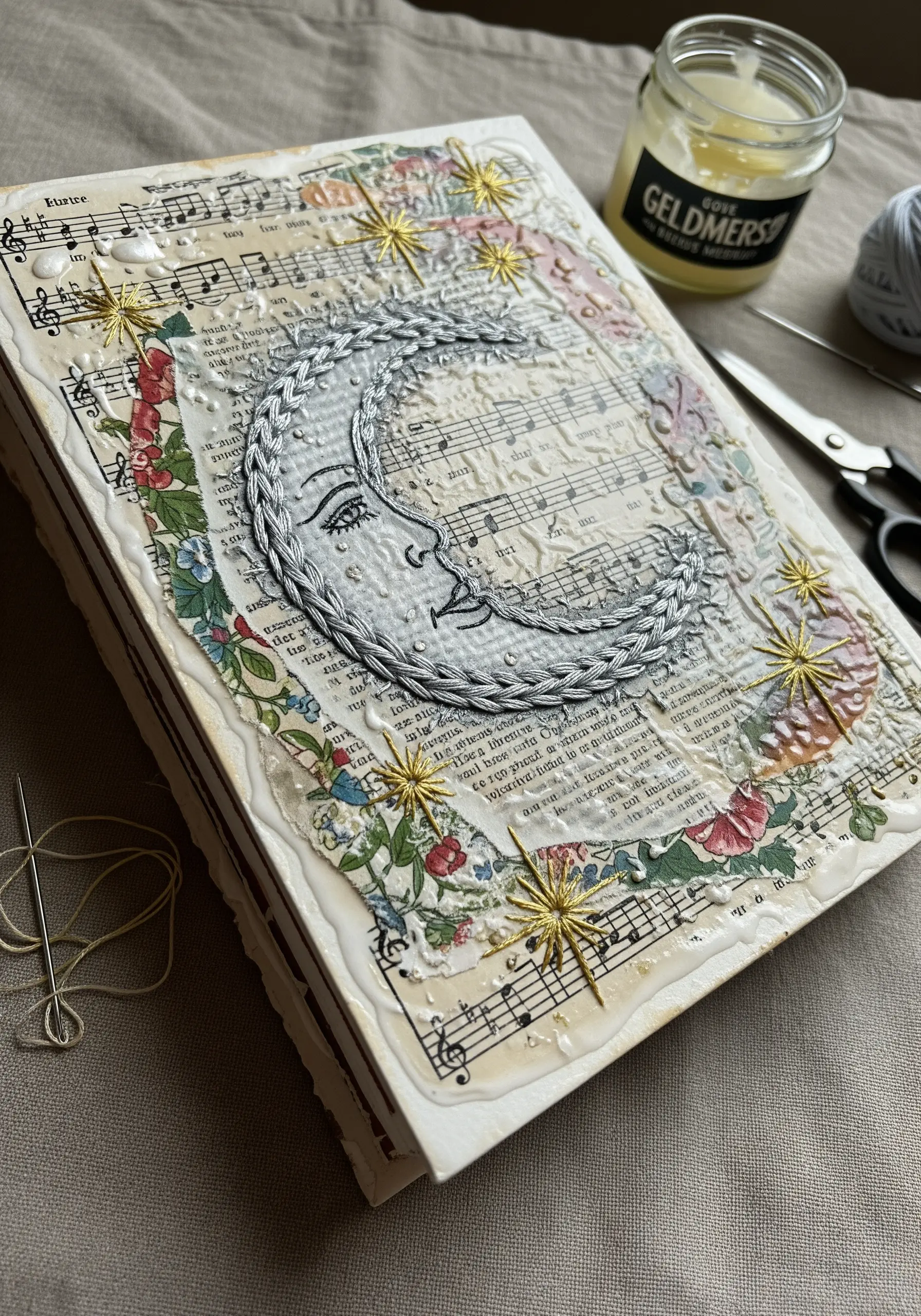 A silver metallic thread crescent moon stitched onto a book cover layered with sheet music.