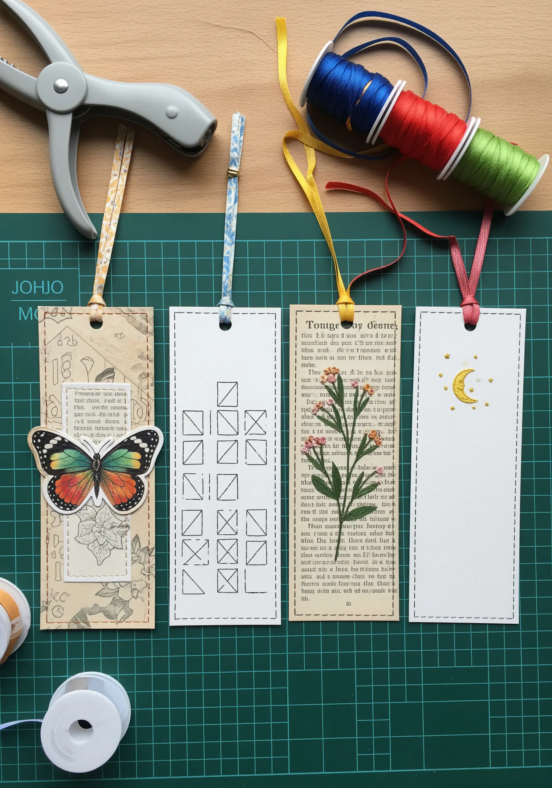 Four paper bookmarks decorated with minimal embroidery motifs like a butterfly and stars.