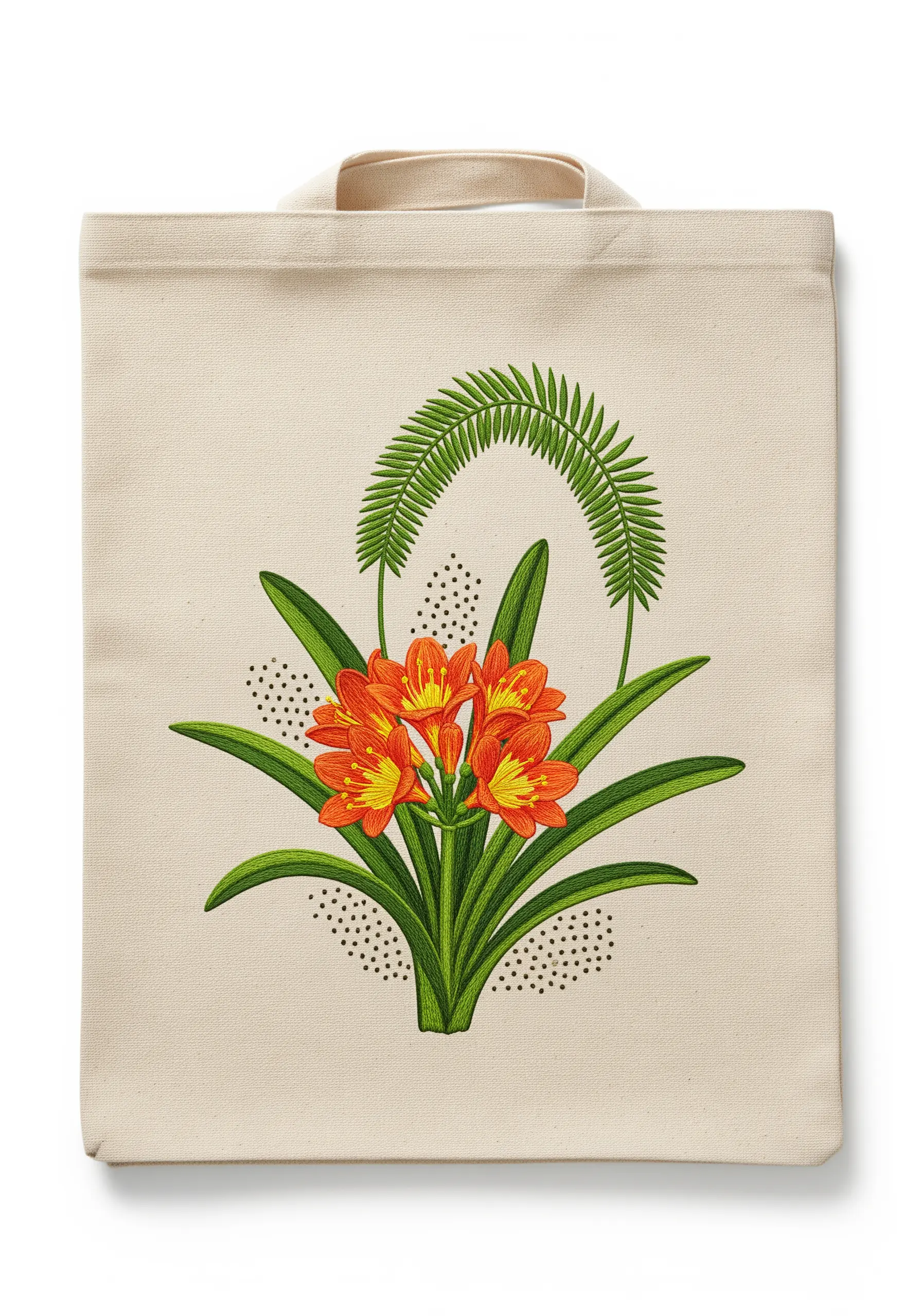 A tote bag with a central flower bouquet framed by fern leaves and abstract seed stitching.