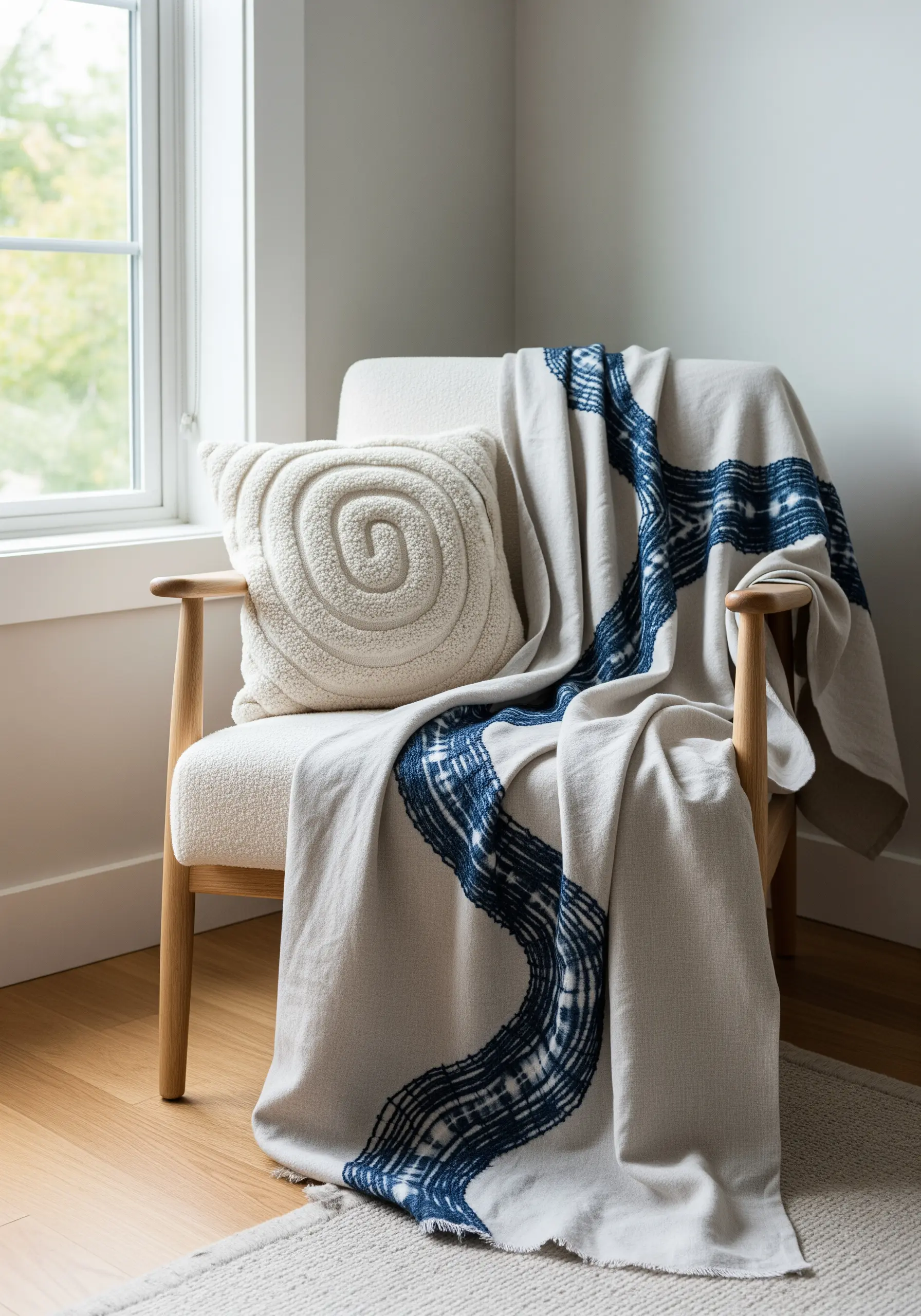 Abstract blue yarn couched onto a neutral throw blanket draped on a chair.