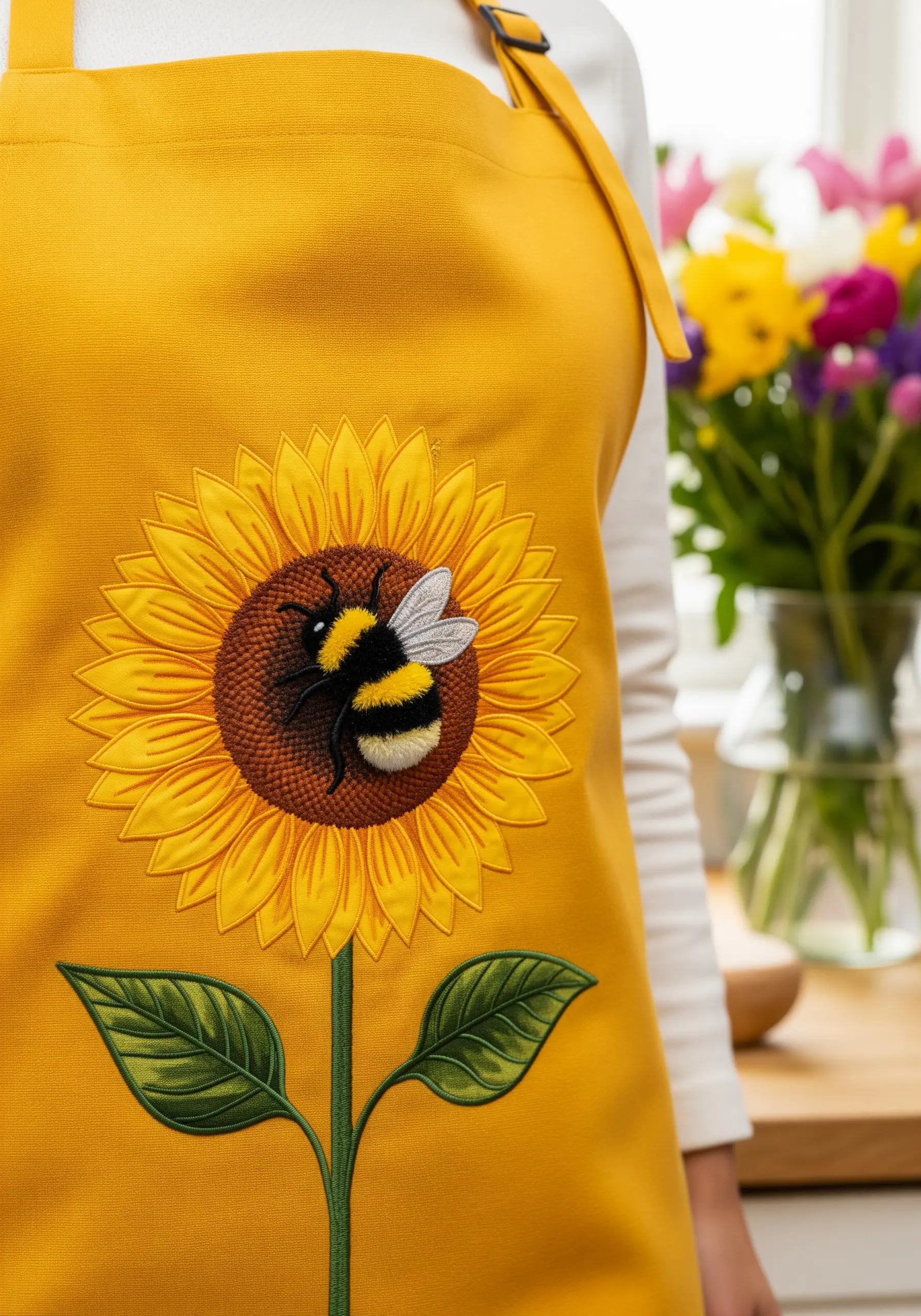 A large embroidered sunflower on a yellow apron with a fluffy, 3D bumblebee on its center